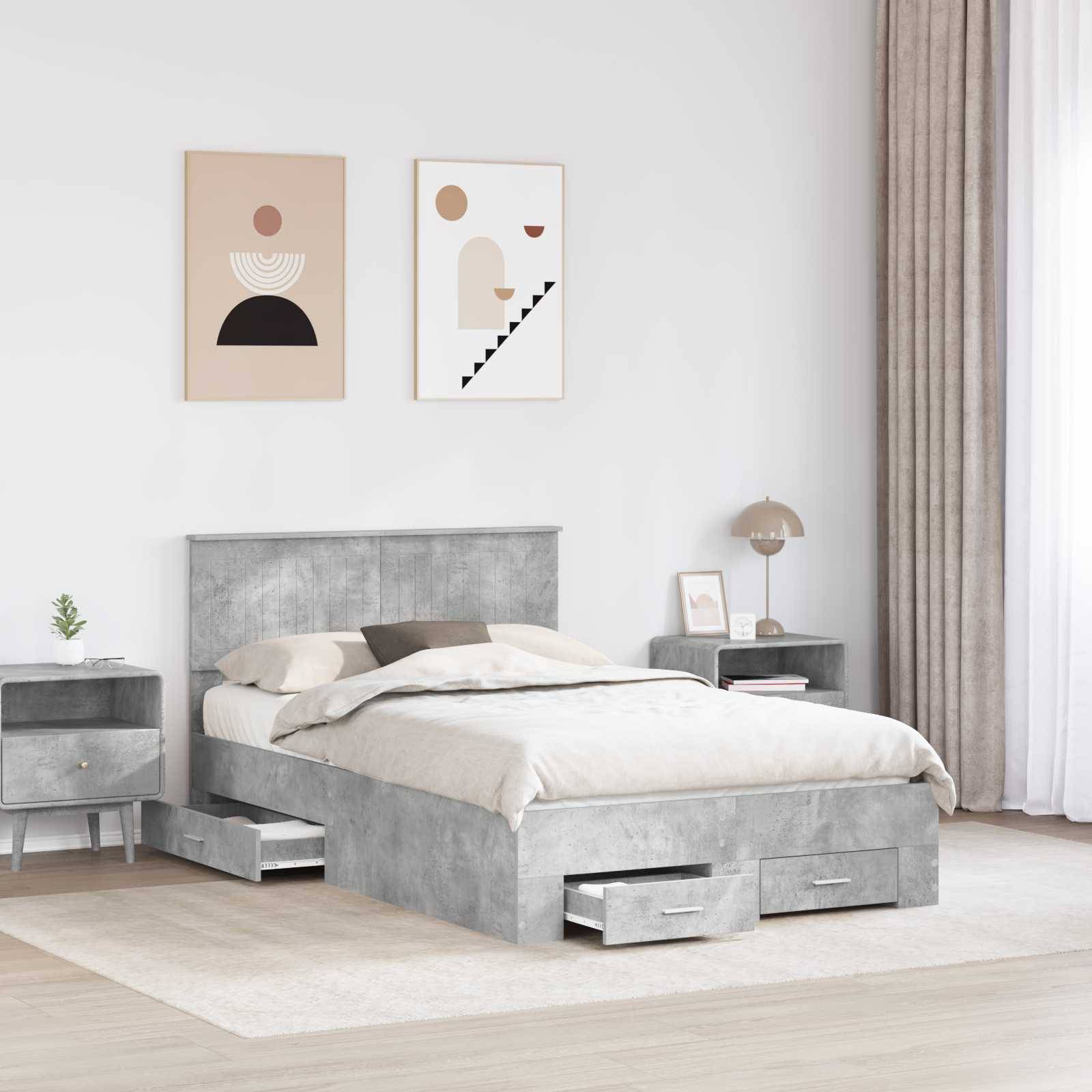 Ein modernes Schlafzimmer mit einem grauen Bett mit Stauraum-Schubladen, passenden Nachttischen und minimalistischer Kunst an der Wand schafft eine ruhige Atmosphäre.