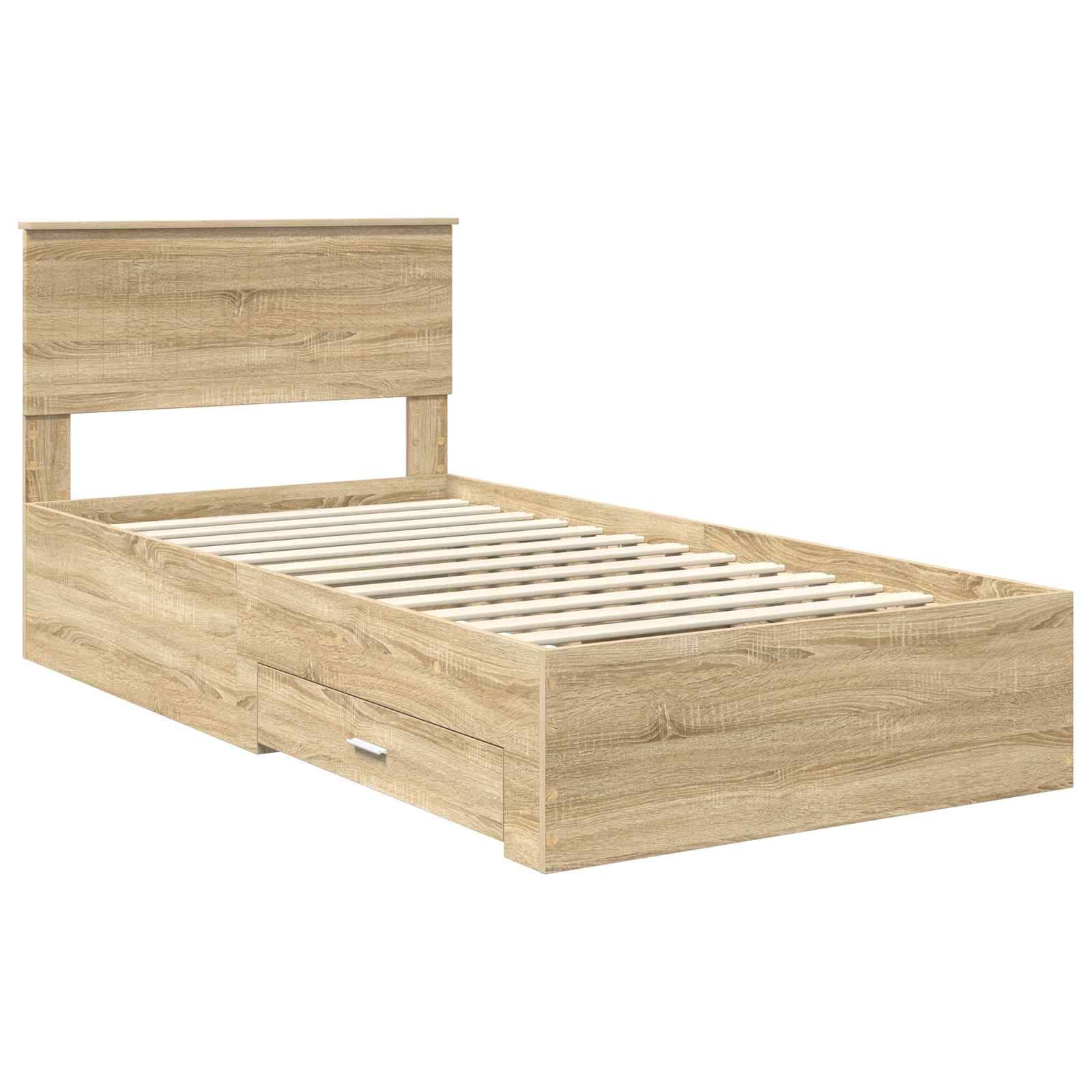 Ein Holz-Einzelbettgestell mit Kopfteil, Seitenteilen und zwei Schubladen darunter zur Aufbewahrung. Die Lattenrostleisten zur Matratzenunterstützung sind sichtbar.