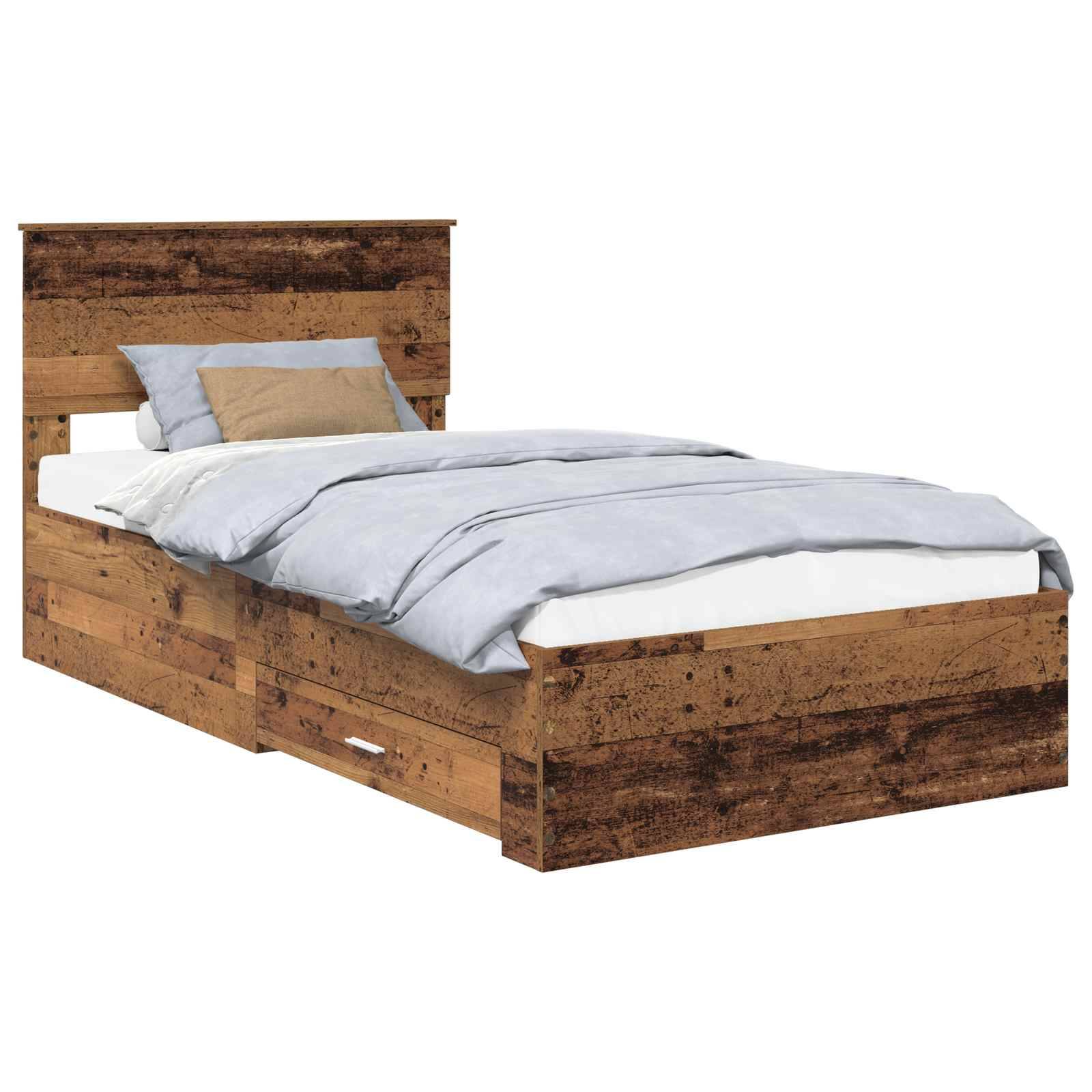 Ein rustikales Holz-Doppelbettgestell mit Kopfteil und zwei integrierten Schubladen, verziert mit hellblauer Bettwäsche und Kissen.