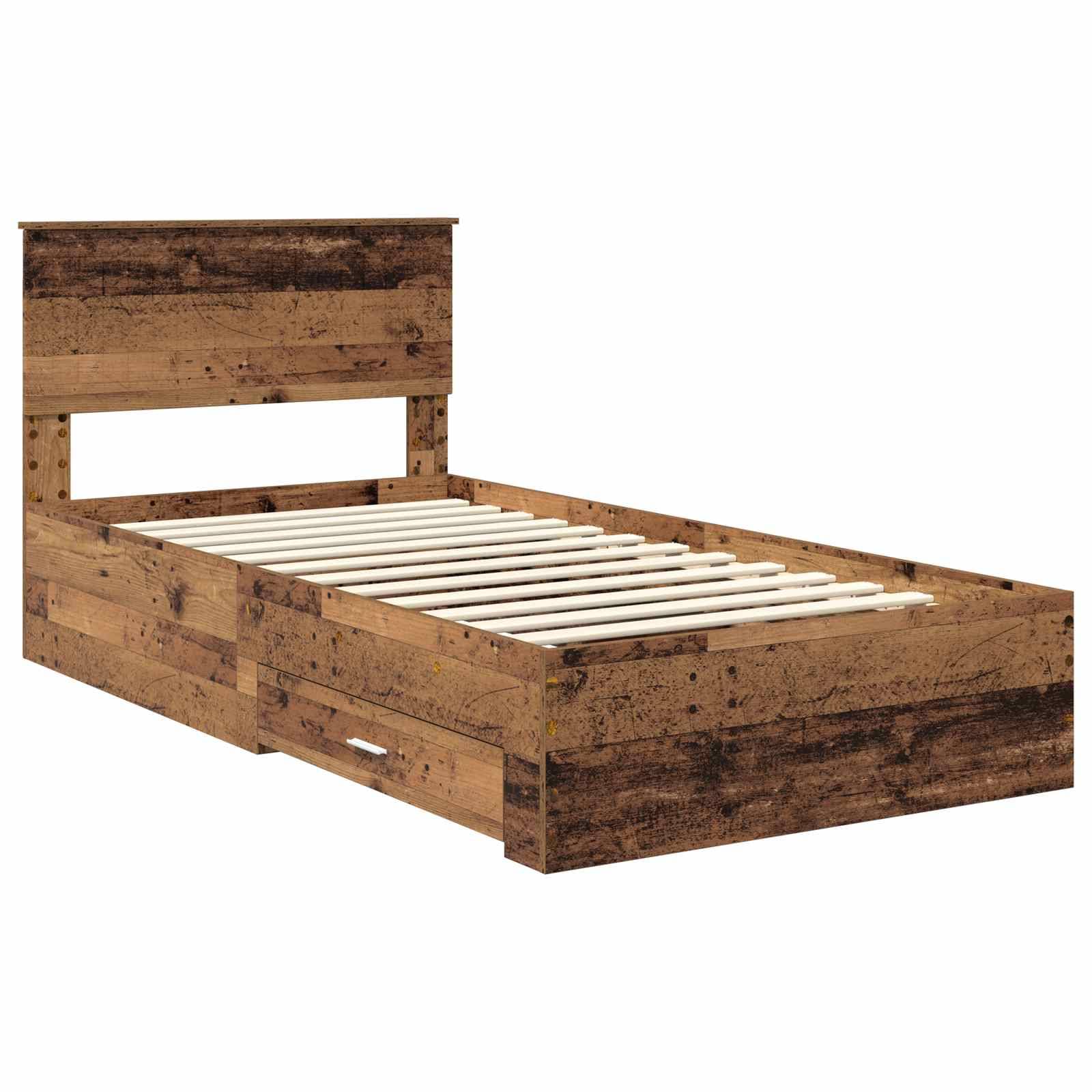Einzelbettgestell aus Holz mit hohem Kopfteil und seitlichen Aufbewahrungsschubladen; rustikale Oberfläche, die die Holzmaserung hervorhebt.