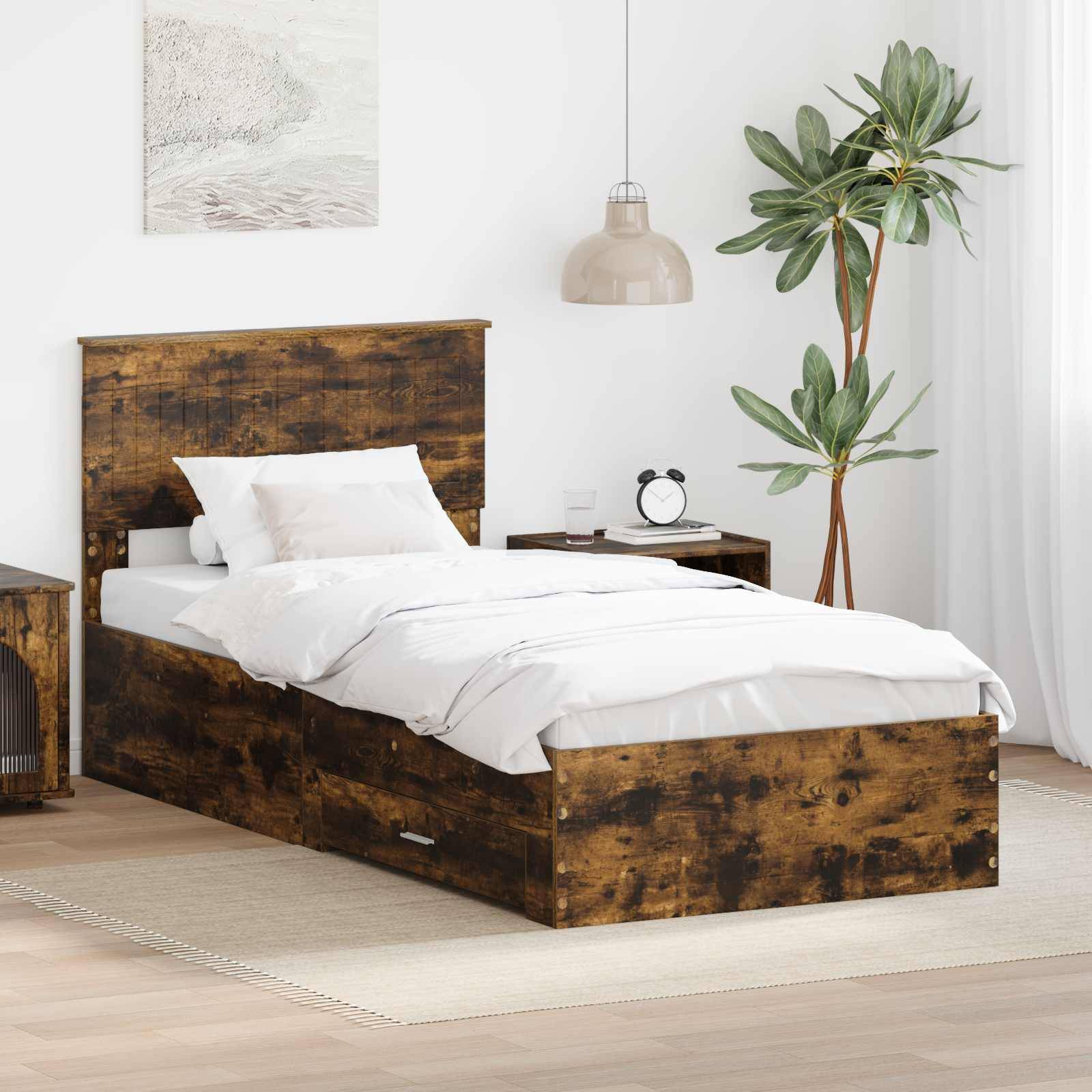vidaXL Bettrahmen mit Schubladen Raucheiche 90 x 190 cm Holzwerkstoff