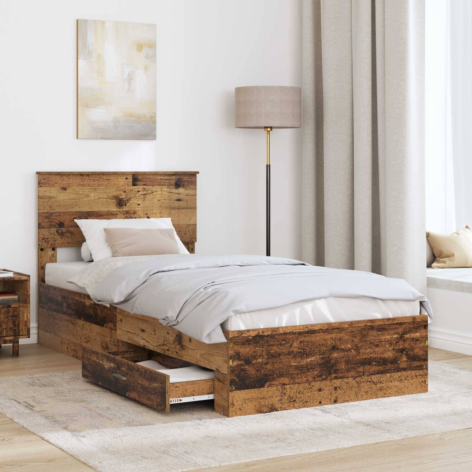 vidaXL Bettrahmen mit Schubladen Altholz 90 x 200 cm Holzwerkstoff