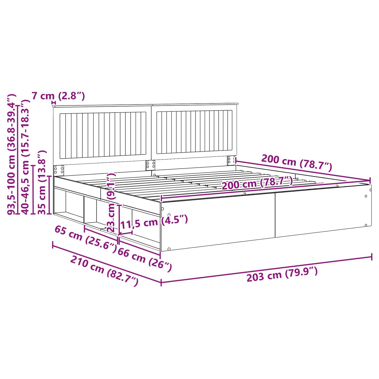 Illustration eines Bettes mit Maßen: Höhe 93,5-100 cm, Breite 210 cm und Tiefe 203 cm. Der Rahmen kann von 135-157 cm verstellbar sein.