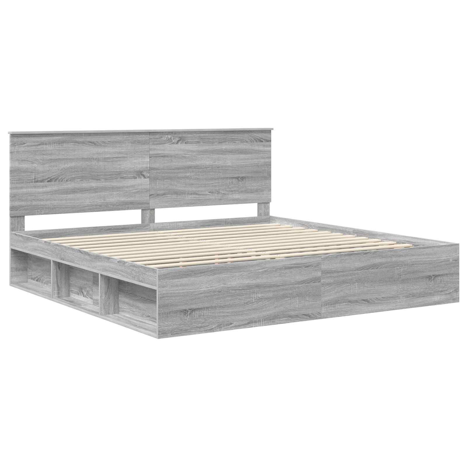Holzrahmen eines Bettes mit Aufbewahrungsregalen, in einer hellen Graufarbe gezeigt, mit Latten als Liegeflächenunterstützung und einem schlichten Kopfteildesign.