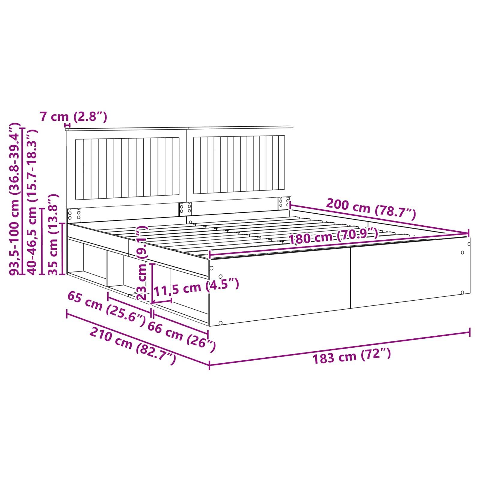 Diagramm eines Bettgestells mit Abmessungen: Kopfteil 93,5-100 cm hoch, Breite 200 cm; Rahmen 65 cm hoch, Länge 210 cm, Breite 183 cm.