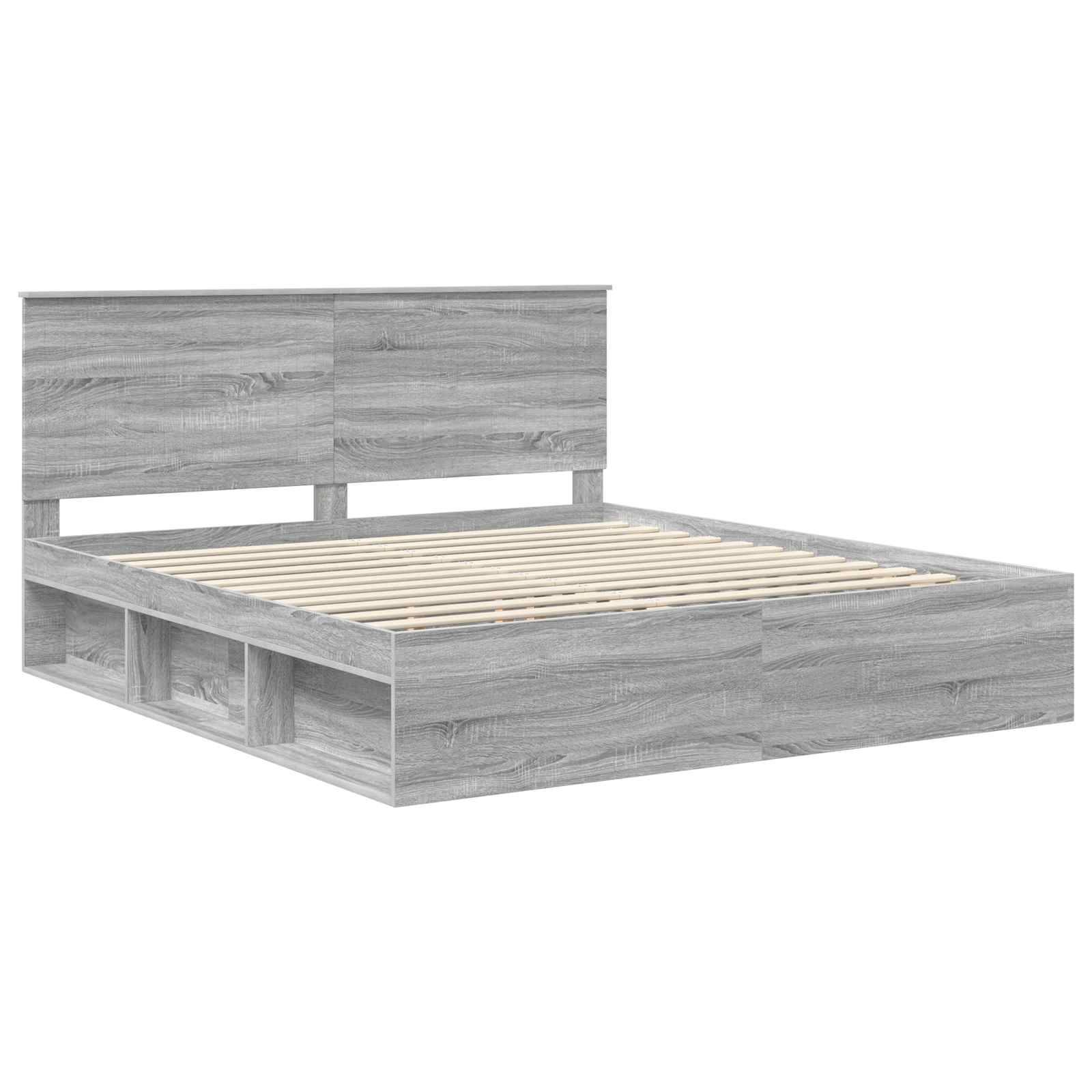 Ein grauer Holzbettrahmen mit Lattenrost, versehen mit einem hohen Kopfteil und integrierten Ablagen an den Seiten.