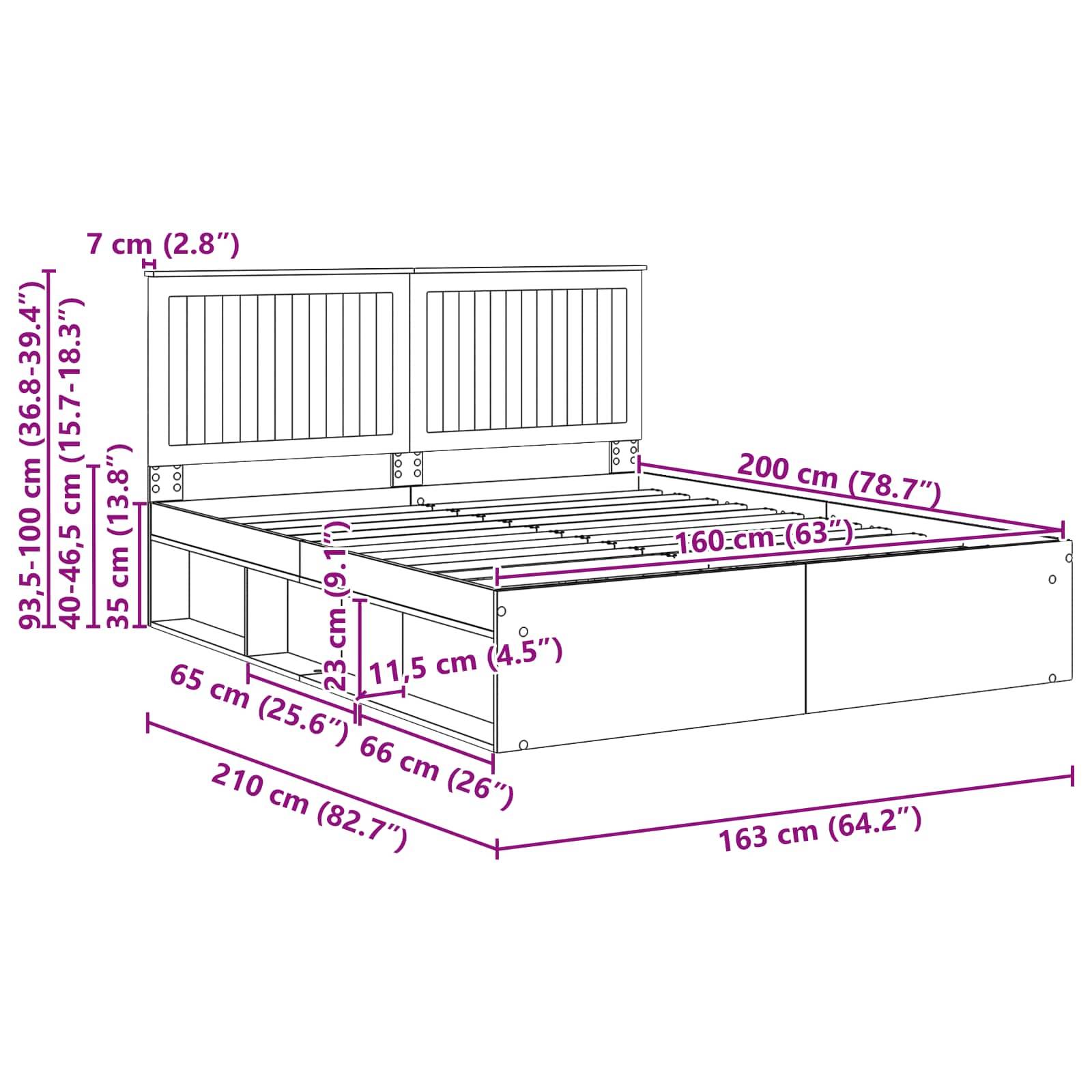 Linienzeichnung eines Bettes mit Maßangaben: Höhe 93,5-100 cm, Kopfteil 38,3-39,4