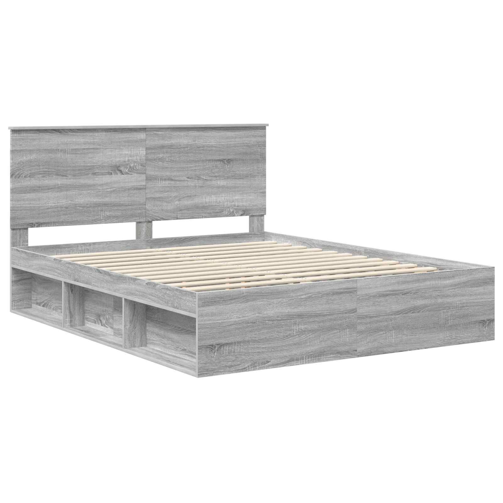 Ein grauer Holz-Plattformbettrahmen mit Lamellenrost und Kopfteil, der seitliche, integrierte Stauraumfächer aufweist.