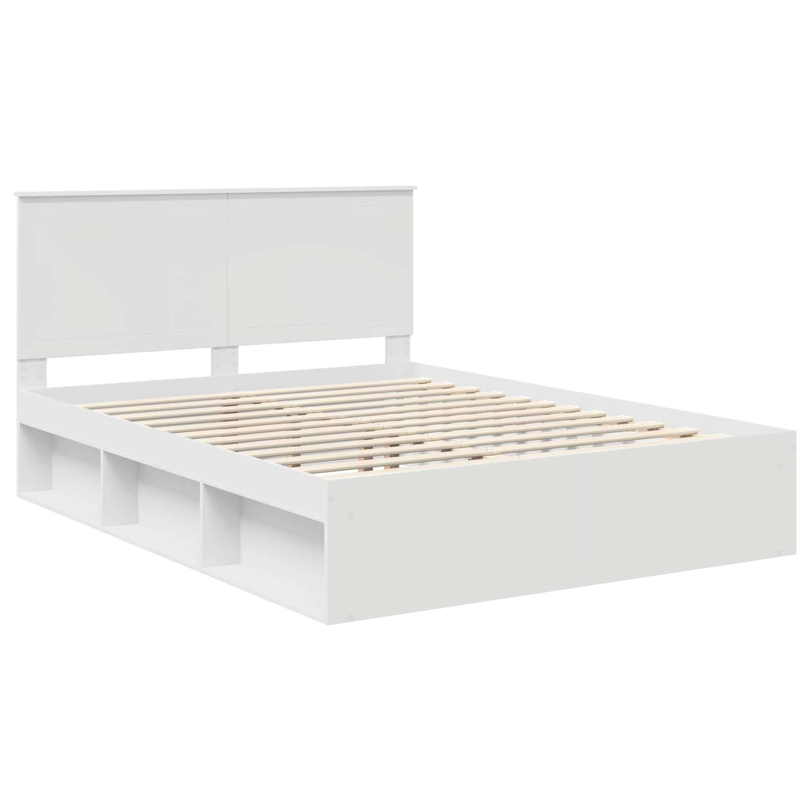 Weißer Holzbettrahmen mit Kopfteil und Stauraum-Fächern darunter.