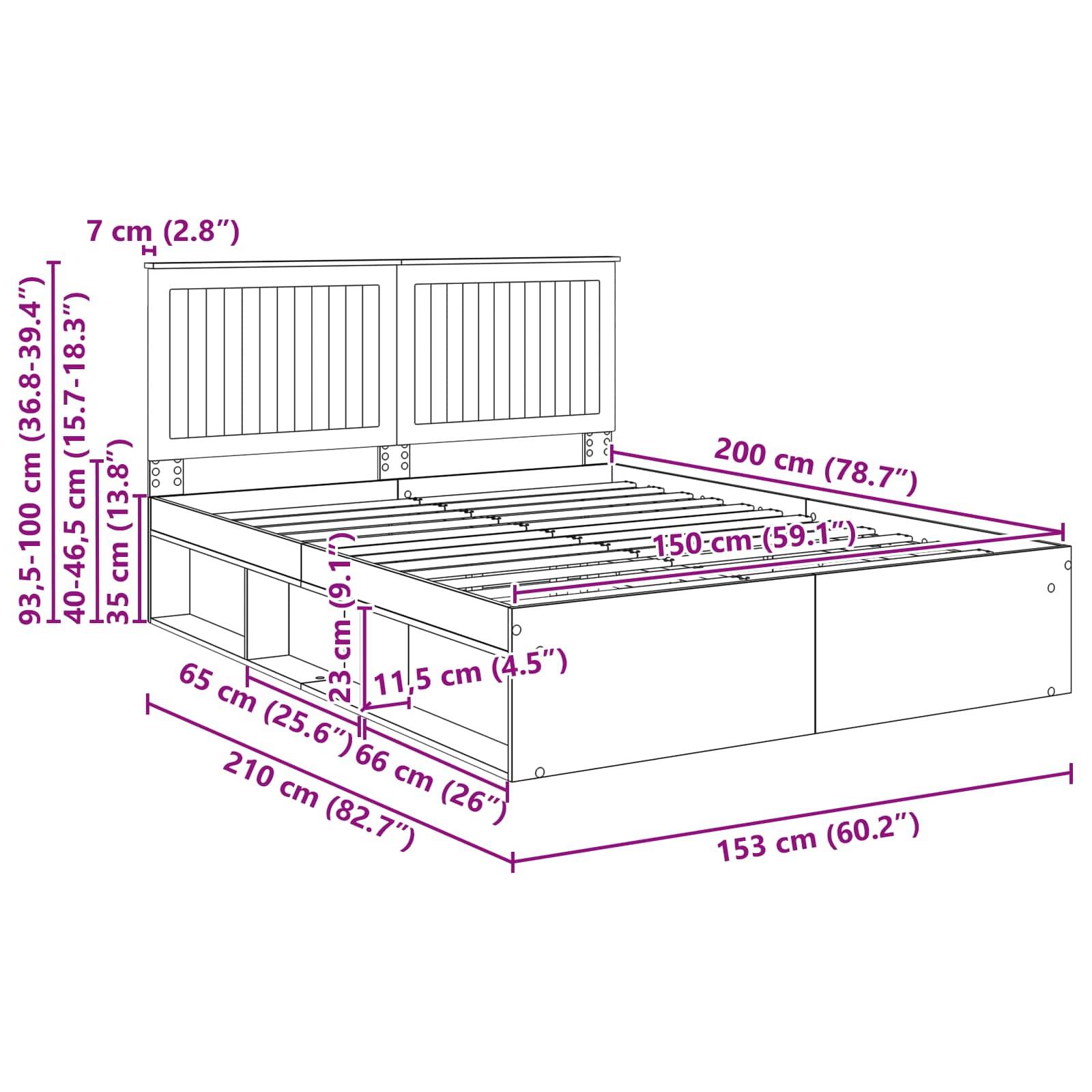 Diagramm eines Bettgestells mit beschrifteten Abmessungen: Breite 153 cm, Länge 210 cm, Höhe 95-100 cm. Enthält Unterbett-Aufbewahrungsschubladen.