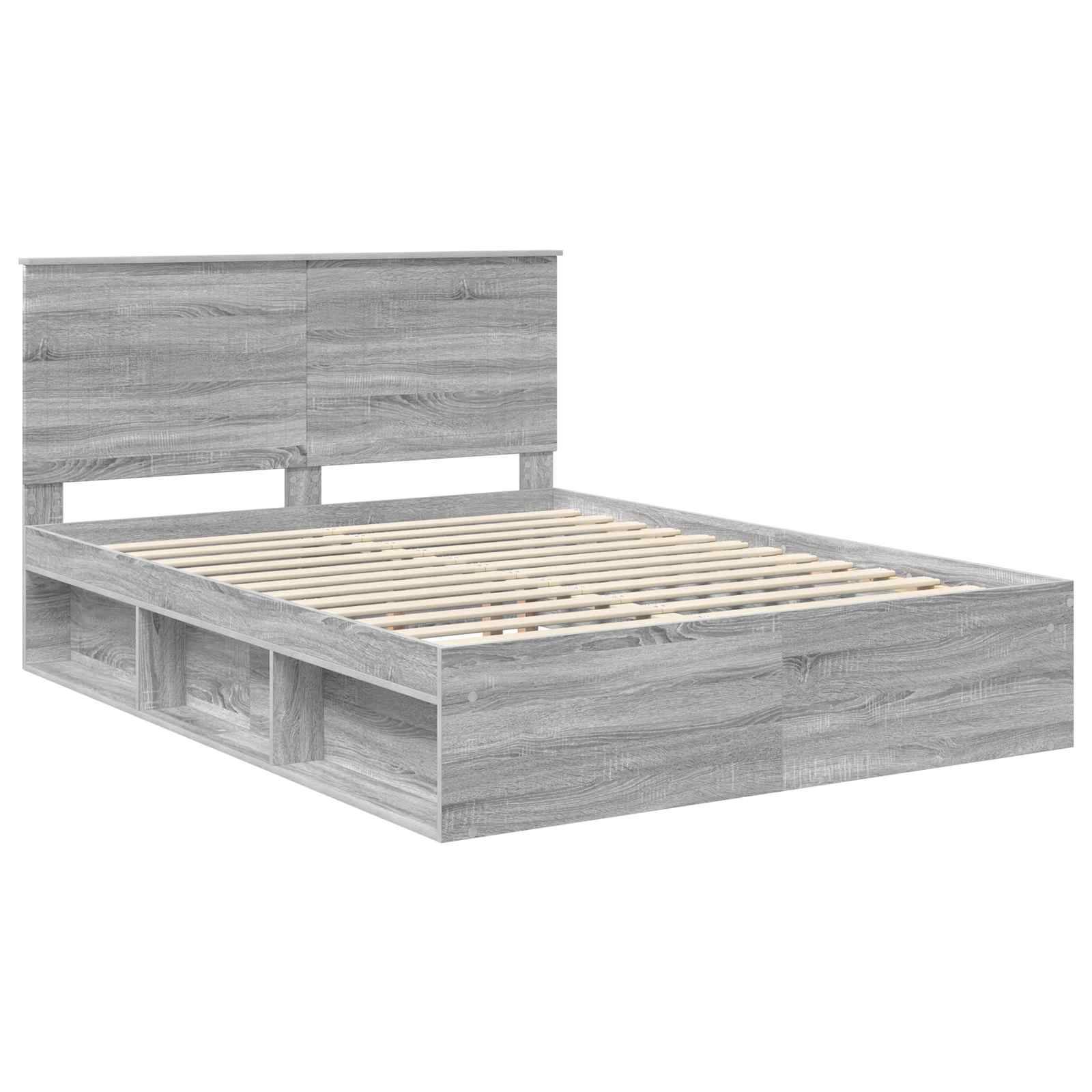 Ein modernes Holzbettgestell mit grauer Beschichtung, ausgestattet mit einem Kopfteil und seitlichen Stauraumfächern unter dem Bett.