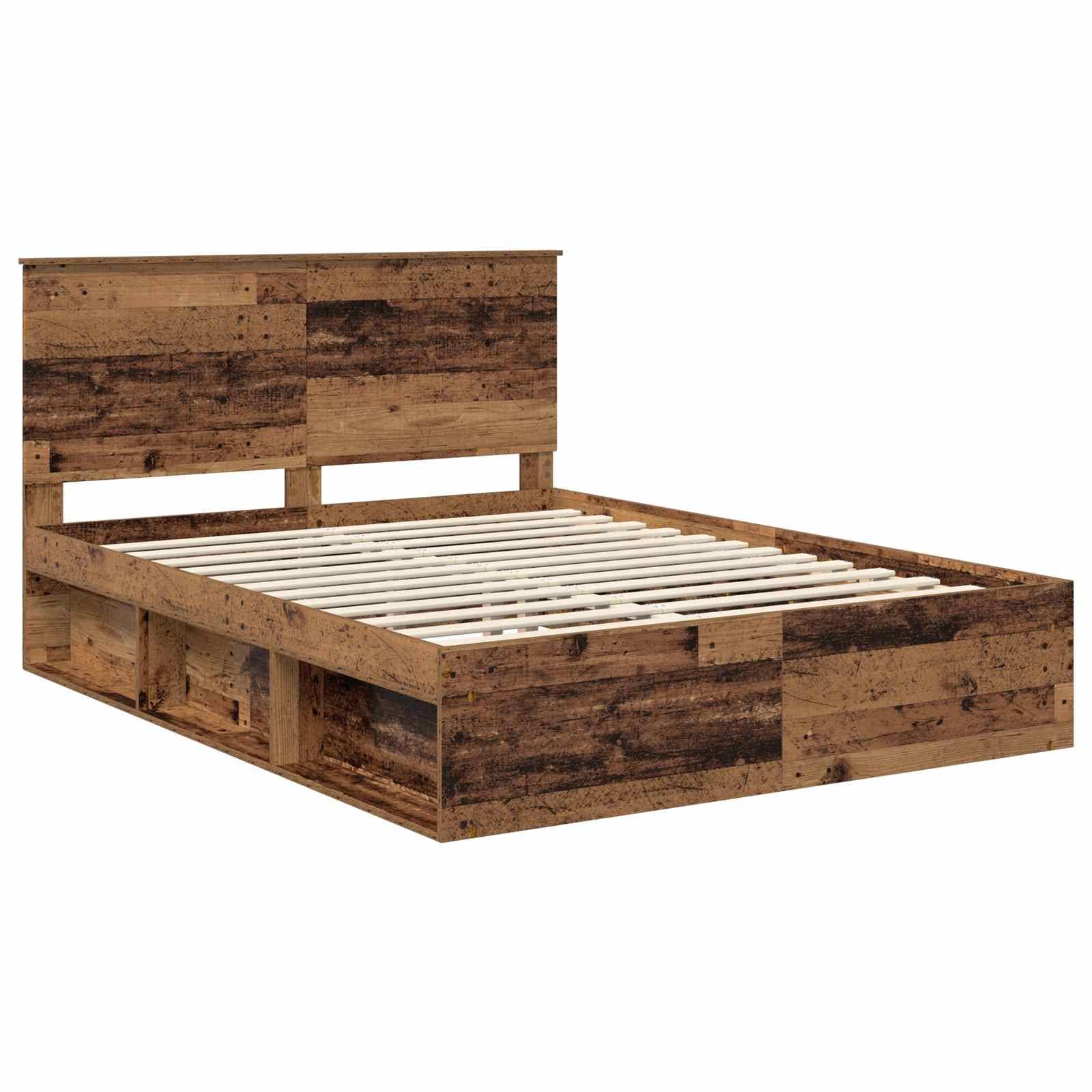 Holzbettgestell mit rustikaler Oberfläche, ausgestattet mit einem massiven Kopfteil und offenen Latten zur Matratzenunterstützung.