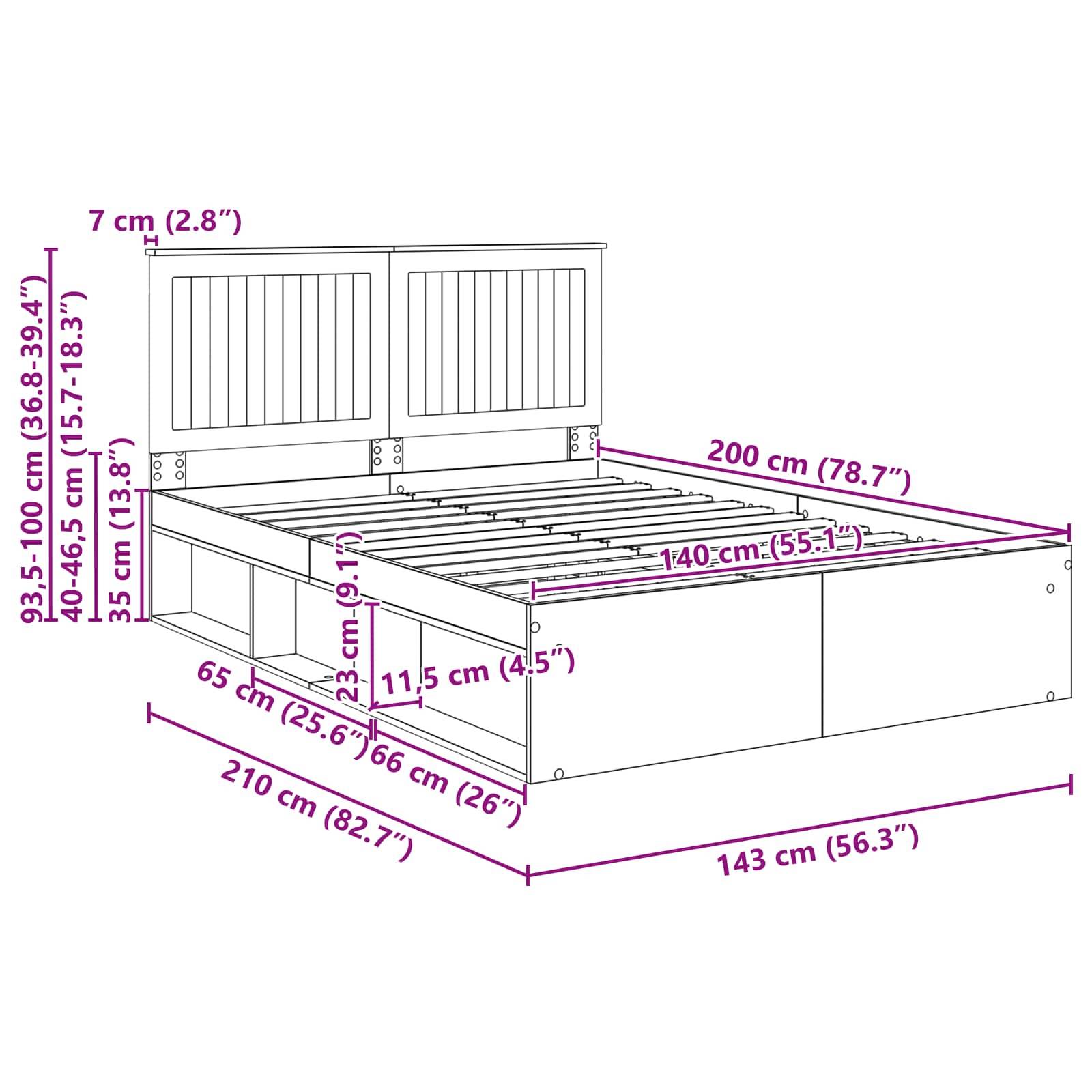 Diagramm eines Bettes mit beschrifteten Abmessungen in Zentimetern und Zoll. Wichtigste Maße: Breite 140 cm (55,1