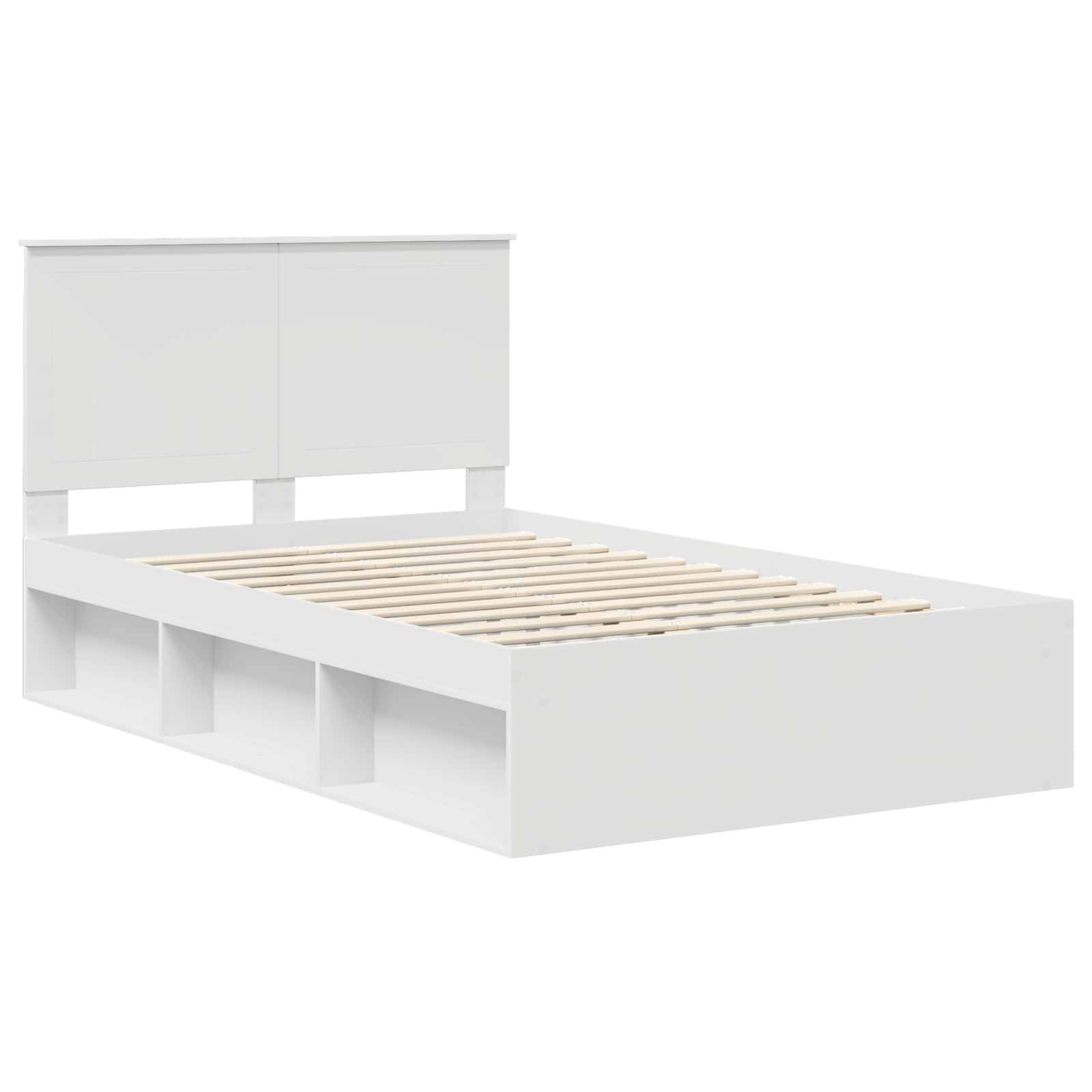 Weißes Plattformbett mit Kopfteil und Stauraum unter dem Bett. Ohne Matratze. Modernes, minimalistisches Design.