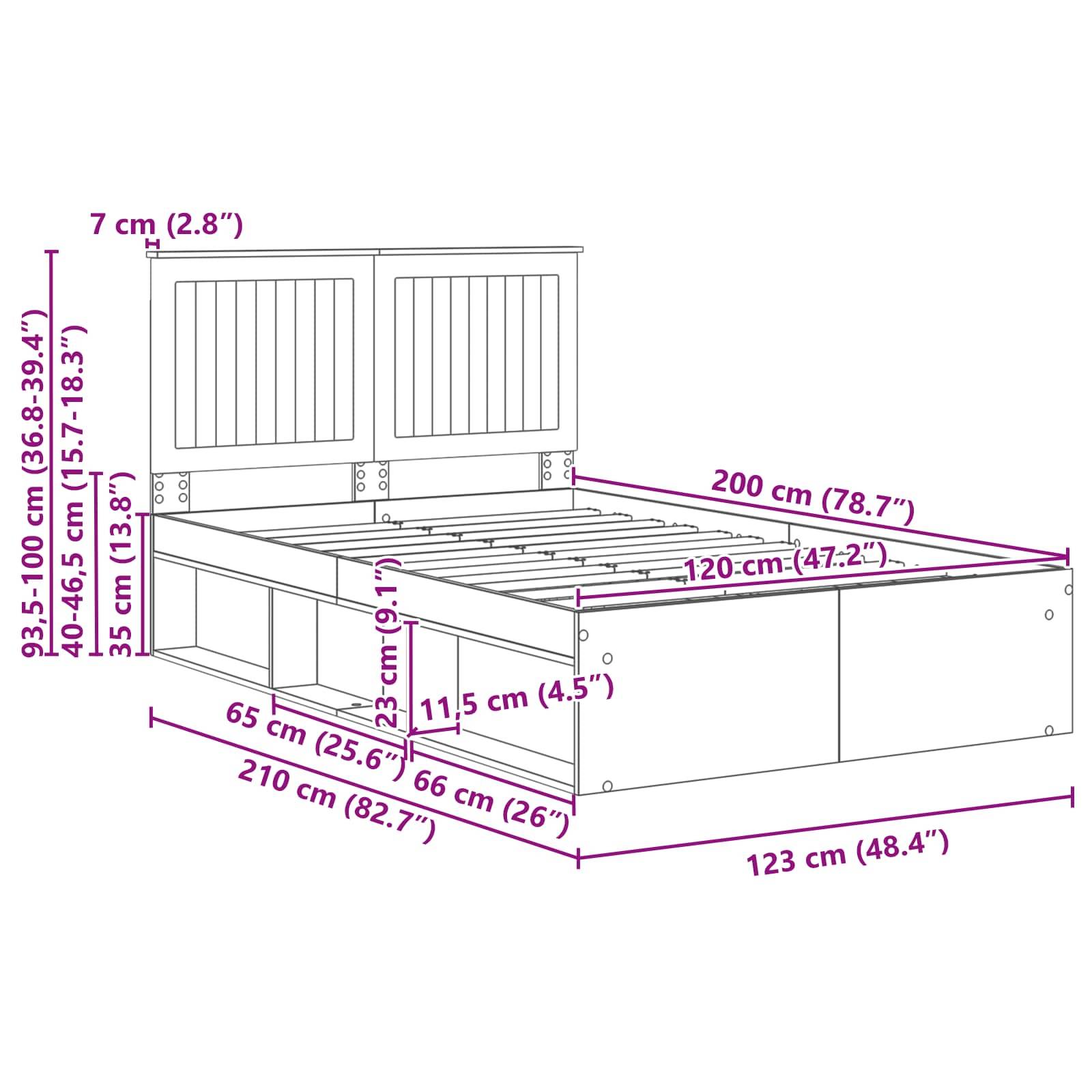 Eine Linienzeichnung eines Bettgestells mit Stauraum. Die Abmessungen sind beschriftet, einschließlich Höhenoptionen und Breiten für sowohl das Kopfteil als auch das Bett.