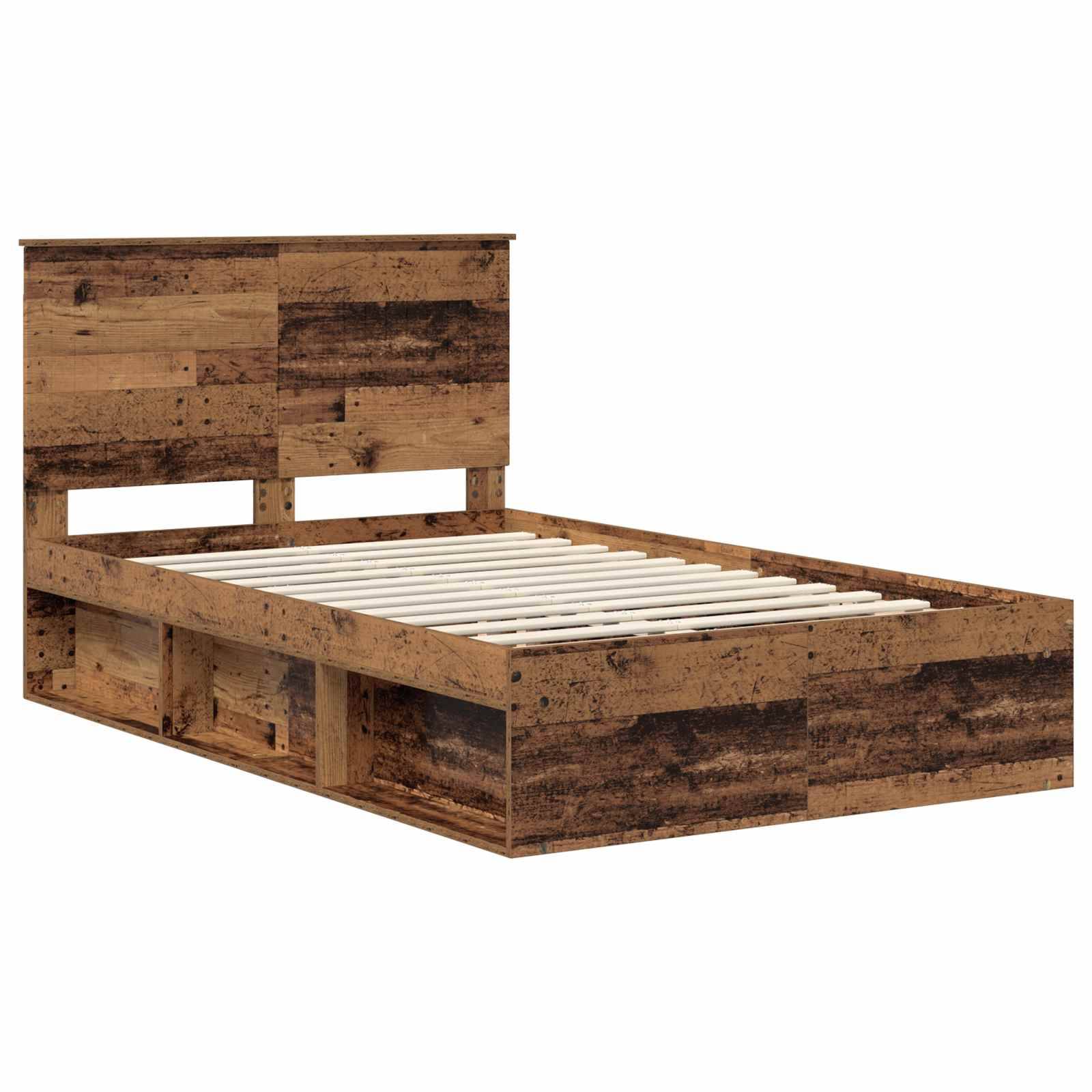 Ein rustikales braunes Holzbettgestell mit einem Kopfteil und integrierten Staurageschubladen darunter.