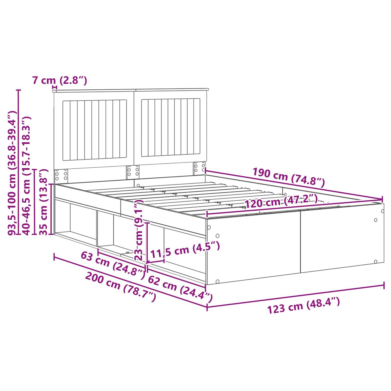Ein Bettgestell mit markierten Abmessungen: Höhe 23,5-100 cm, Breite 190 cm, Tiefe 120 cm; mit Aufbewahrungsschubladen an den Seiten.