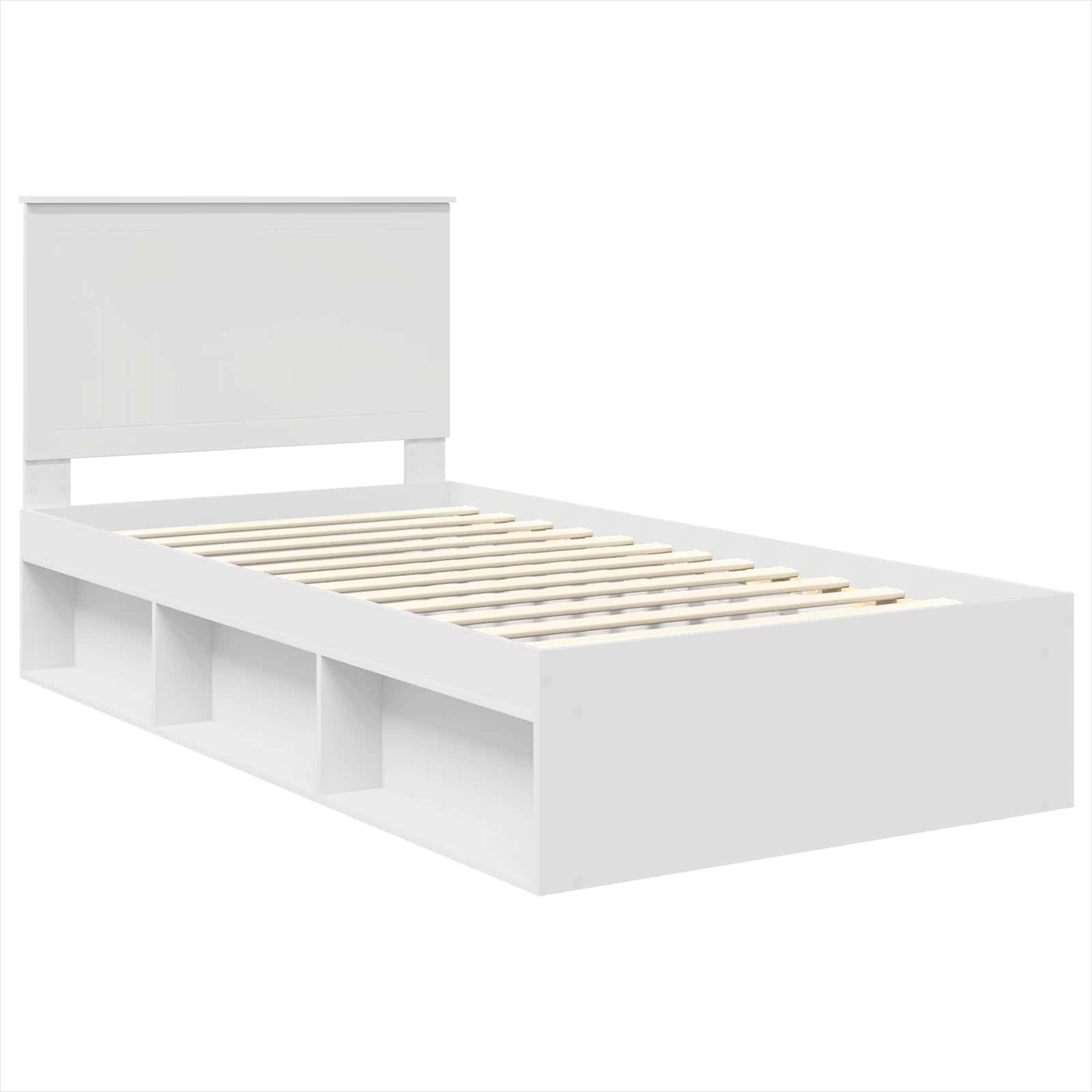 Ein weißes Holzbettgestell mit Kopfteil und Ablagefächern am unteren Ende, präsentiert vor einem schlichten weißen Hintergrund.