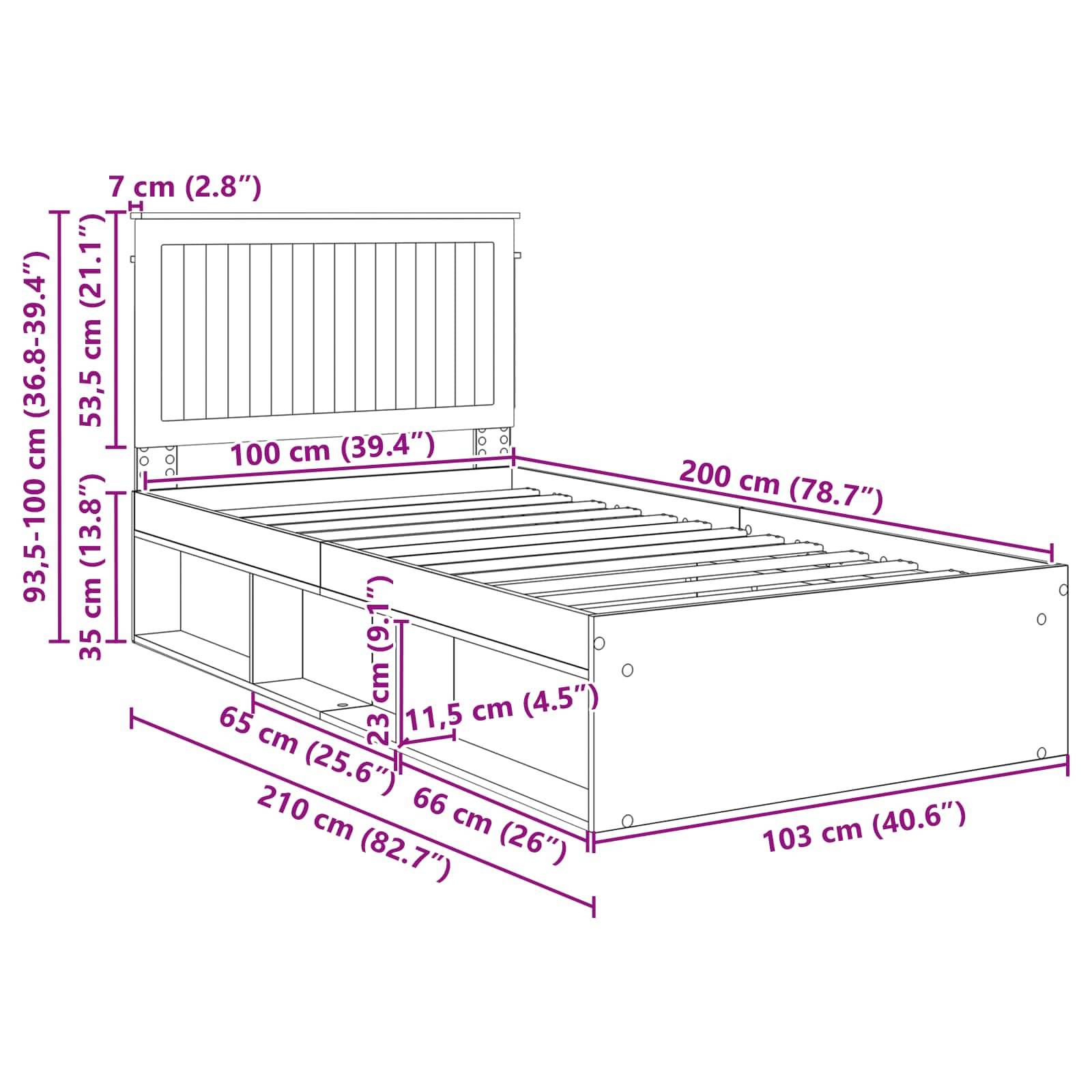 Bettrahmenabmessungen: Länge 200 cm, Breite 100 cm, Höhe verstellbar von 93,5–100 cm. Inklusive Aufbewahrungsschubladen unter dem Bett.