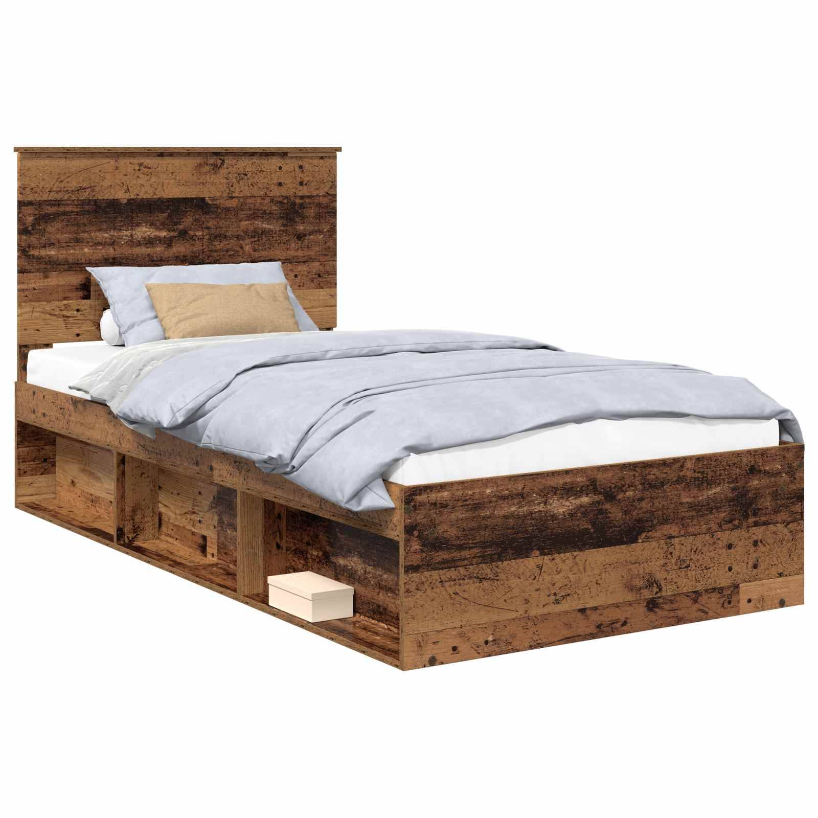 Ein Holzbett mit integrierten Lagerfächern unter dem Rahmen, ausgestattet mit einem blau und beige Bettwäscheset und einem Holzkopfteil.