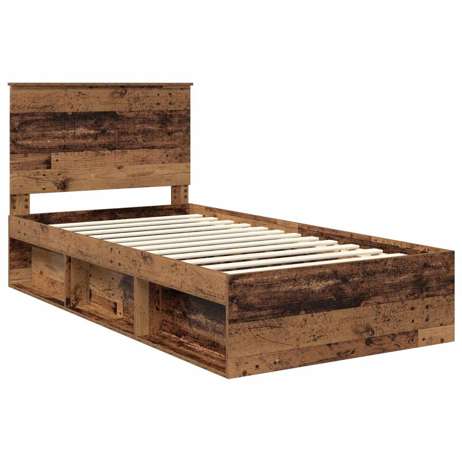 Ein Holz-Einzelbettgestell mit rustikaler Oberfläche, ausgestattet mit einem hohen Kopfteil und in die Basis integrierten Ablageregalen.