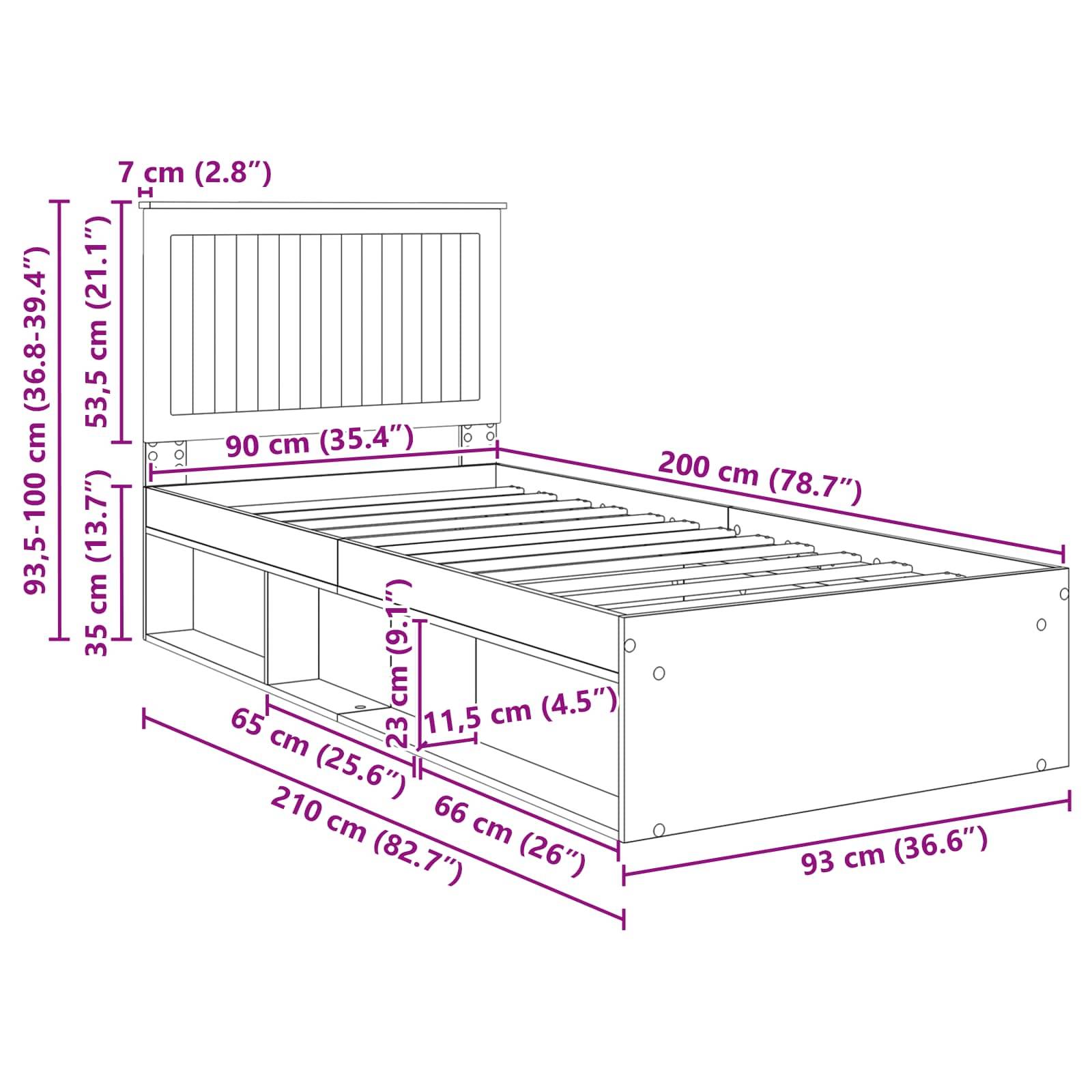 Diagramm eines Bettes mit Maßen: Länge 200 cm, Breite 93 cm, Höhe einstellbar von 93,5 bis 100 cm. Stauraum-Fächer an der Seite dargestellt.