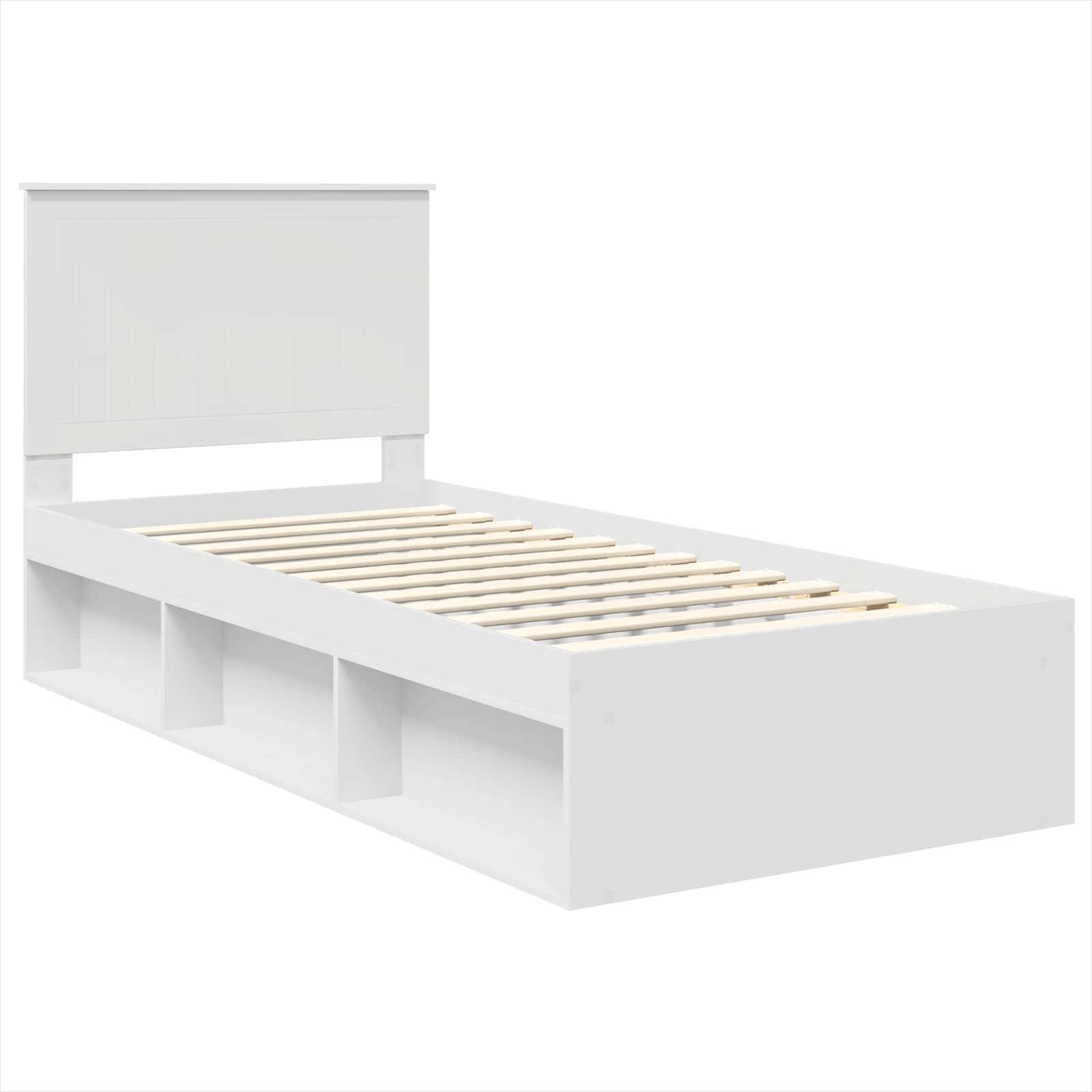 Weißes Holz-Plattformbett mit Kopfteil und drei Stauraumfächern darunter. Schlichtes, modernes Design. Ohne Matratze.