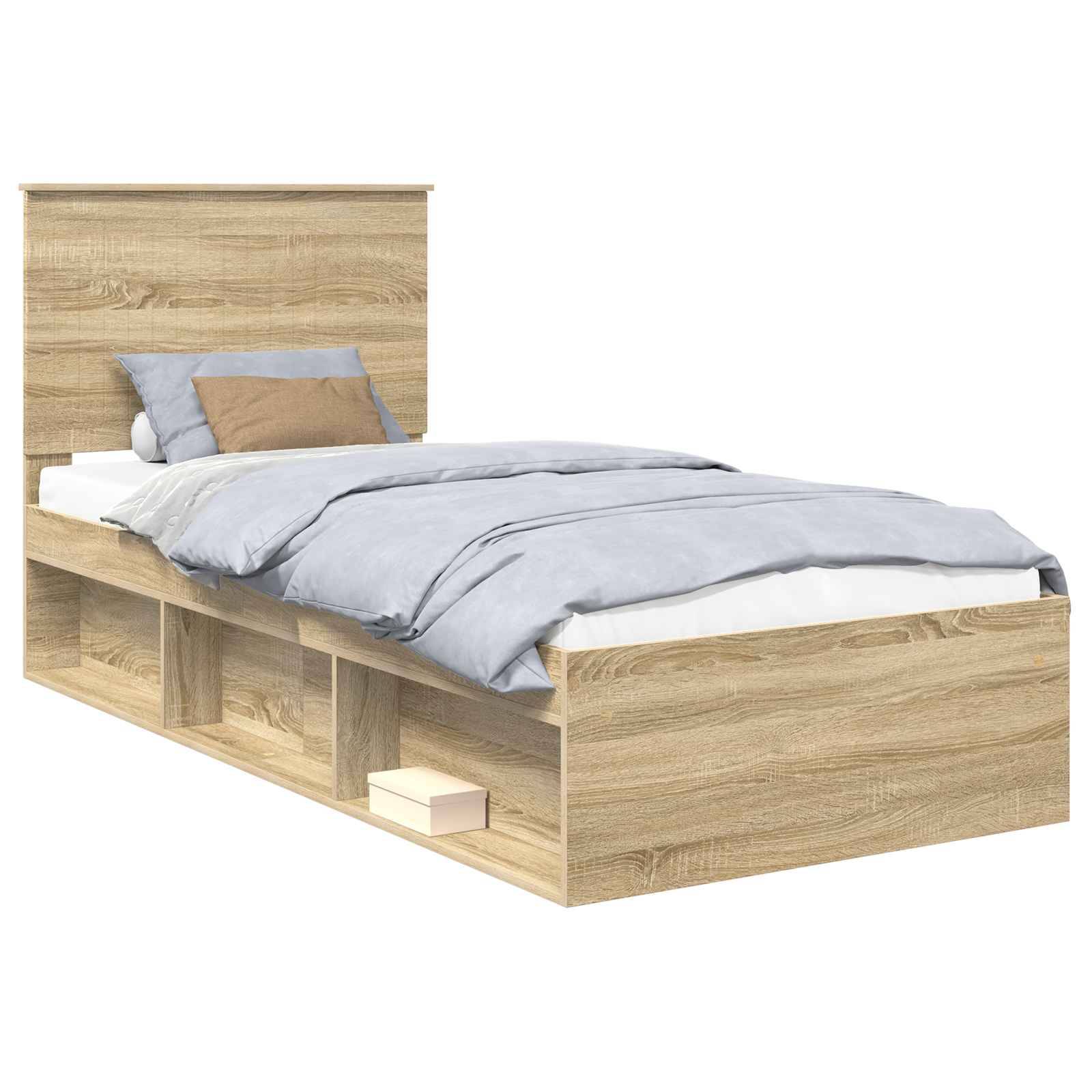 Ein Holz-Einzelbett mit eingebauten Stauraumregalen unter dem Rahmen, bedeckt mit einem blauen Bettdecken und einem braunen Kissen auf dem Kopfkissen.