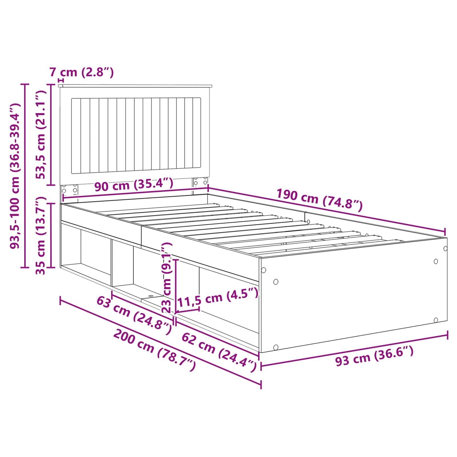 Bettkopfteil-Abmessungen: 190 cm Länge, 90 cm Breite, 93,5-100 cm Höhe. Stauraum unter dem Bett: 8 Fächer, detaillierte Maße aufgeführt.