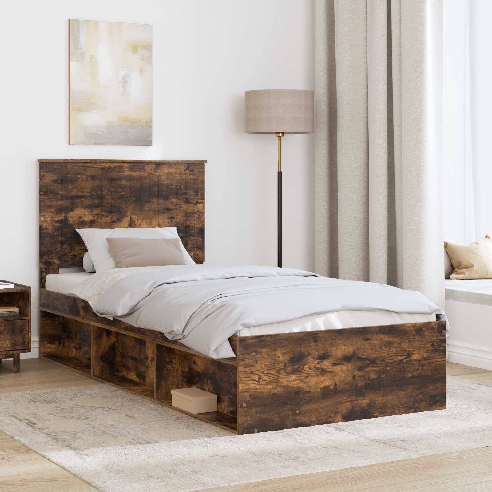 vidaXL Bettrahmen Geräucherte Eiche 90 x 200 cm Massives Kiefernholz