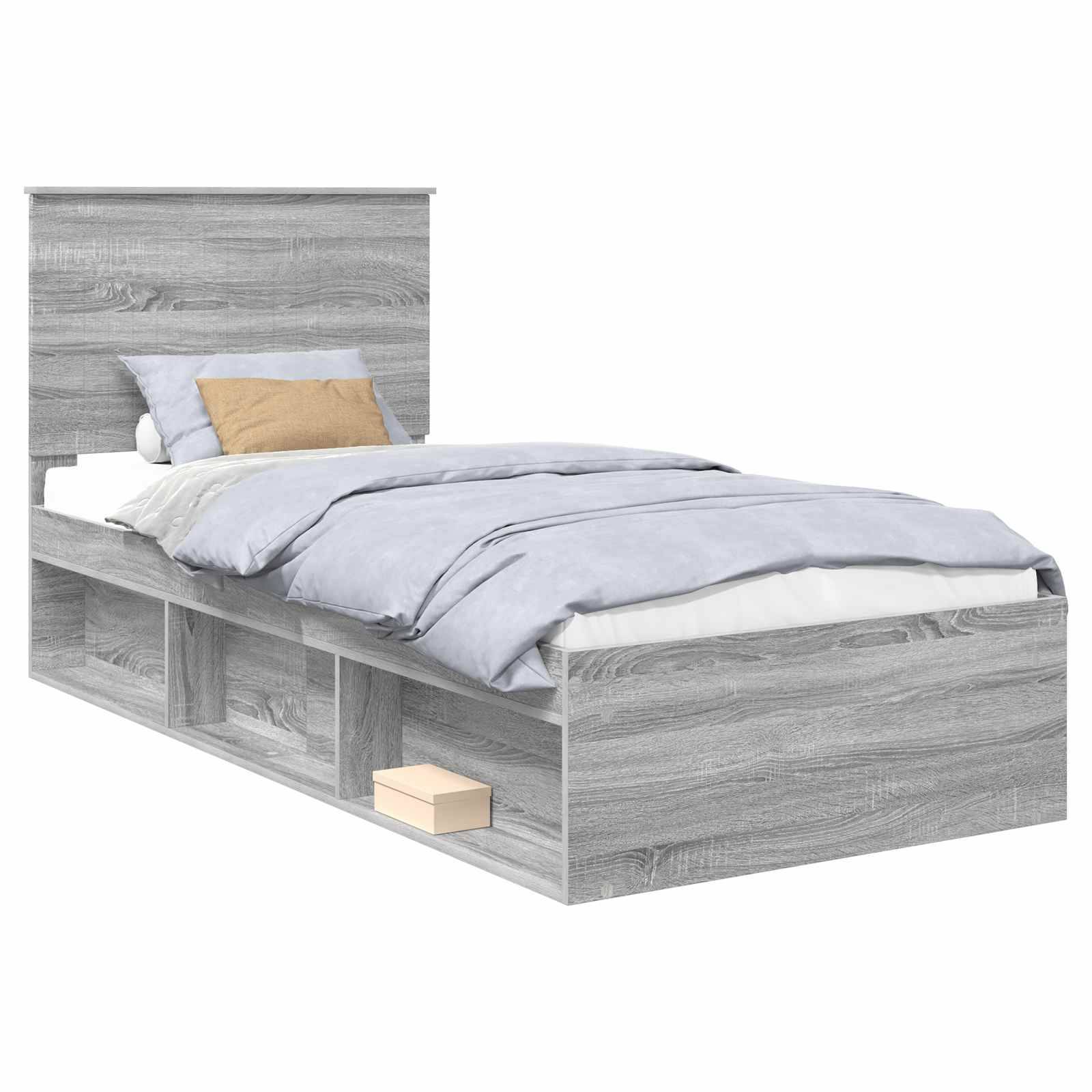 Graues Holz-Einzelbett mit Kopfteil, hellblaue Bettwäsche und braunem Zierkissen. Verfügt über integrierte Stauraum-Regale unterhalb des Rahmens.