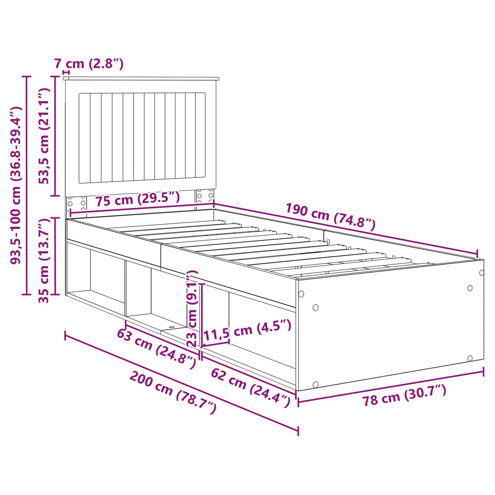 Schematische Darstellung eines Bettes mit Stauraum, mit Maßangaben: Höhe 93,5-100 cm, Breite 78 cm, Länge 190 cm, und Abmessungen des Stauraums.