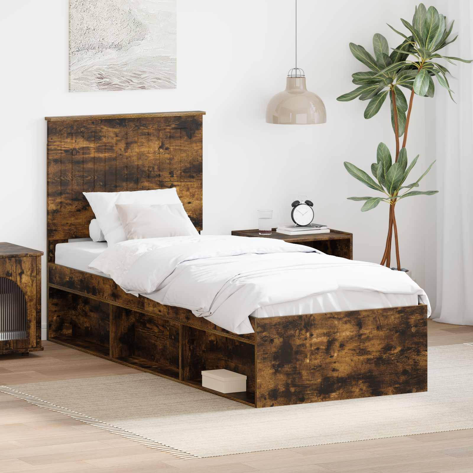 vidaXL Bettrahmen Geräucherte Eiche 75 x 190 cm Massives Kiefernholz