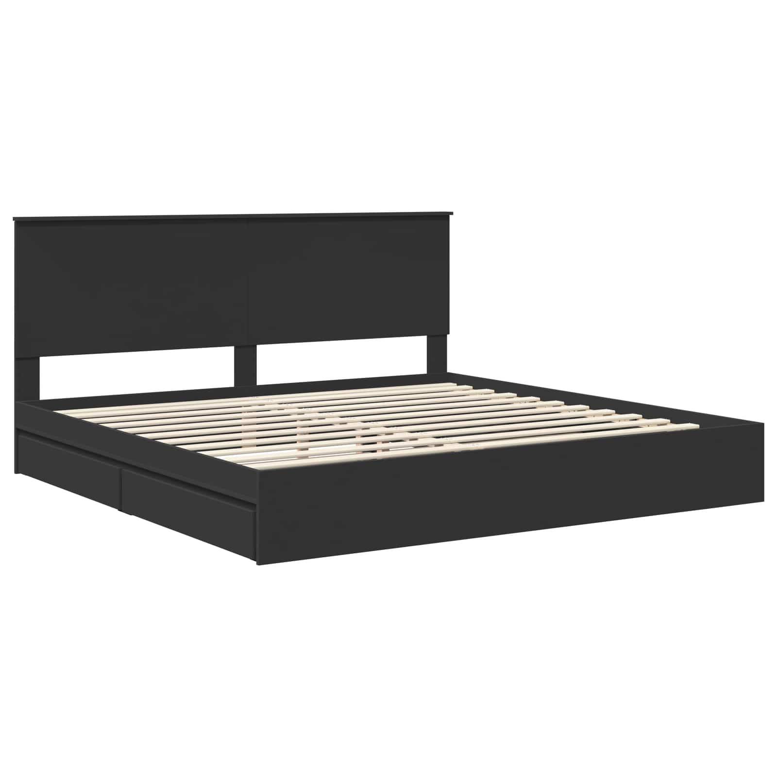 Ein schwarzer Holz-Bettrahmen in Queen-Size-Größe mit einem Kopfteil und einer Lattenrost-Basis, ausgestattet mit je zwei Schubladen an jeder Seite für zusätzlichen Stauraum.