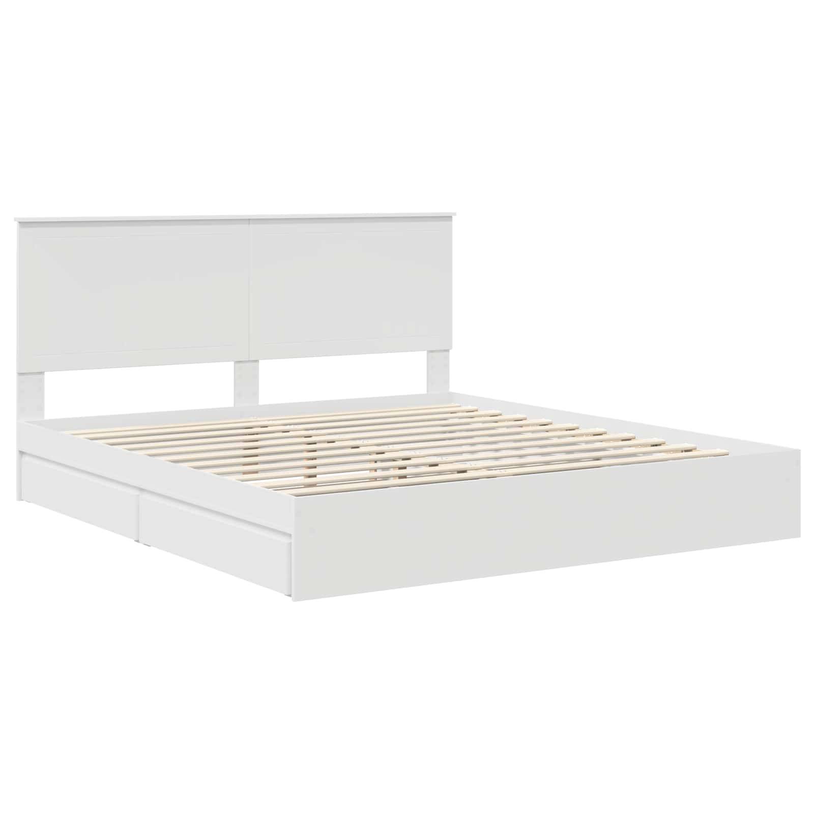Weißes Plattformbett mit einem modernen, minimalistischen Design, ausgestattet mit einem Kopfteil und einer Lattenrostbasis aus Holz.