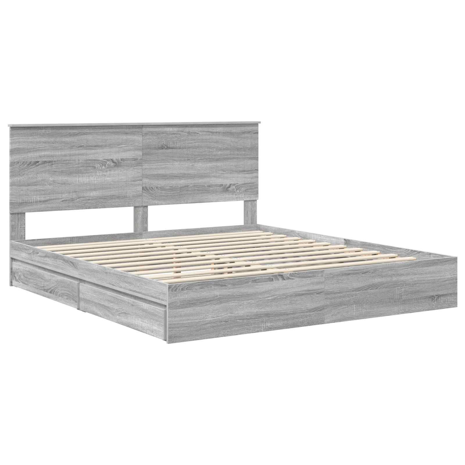 Ein Holzbettgestell mit hohem Kopfteil und Lattenrost, in einem hellen Grauton ausgeführt, mit einem modernen, minimalistischen Design.