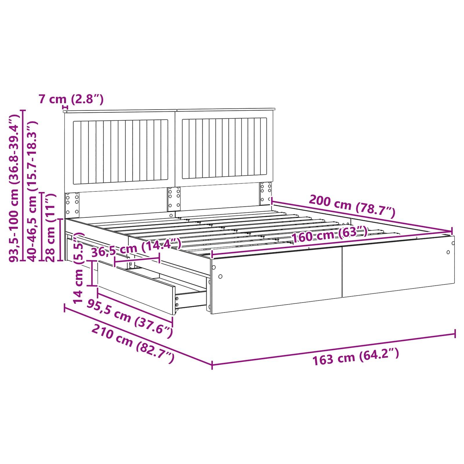 "Bettrahmen-Abmessungen: Breite 163 cm (64,2"), Länge 210 cm (82,7""), Höhe 93,5-100 cm (36,8-39,4""). Inklusive zwei Schubladen."