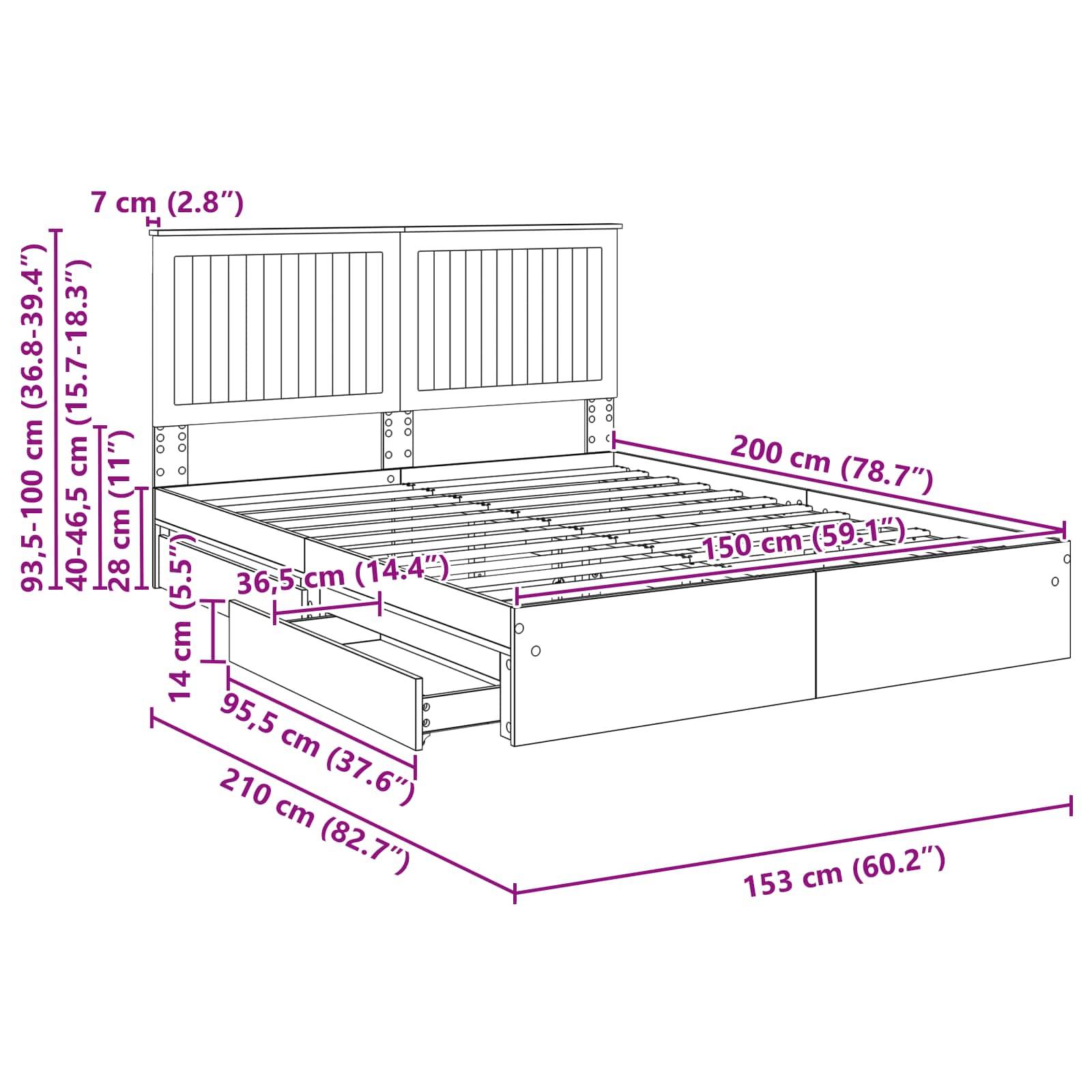 Bettrahmen für eine Queen-Size-Bett mit Kopfteil; Abmessungen: 210 cm lang, 153 cm breit, höhenverstellbar zwischen 93,5-100 cm. Ausgestattet mit vier seitlichen Schubladen.