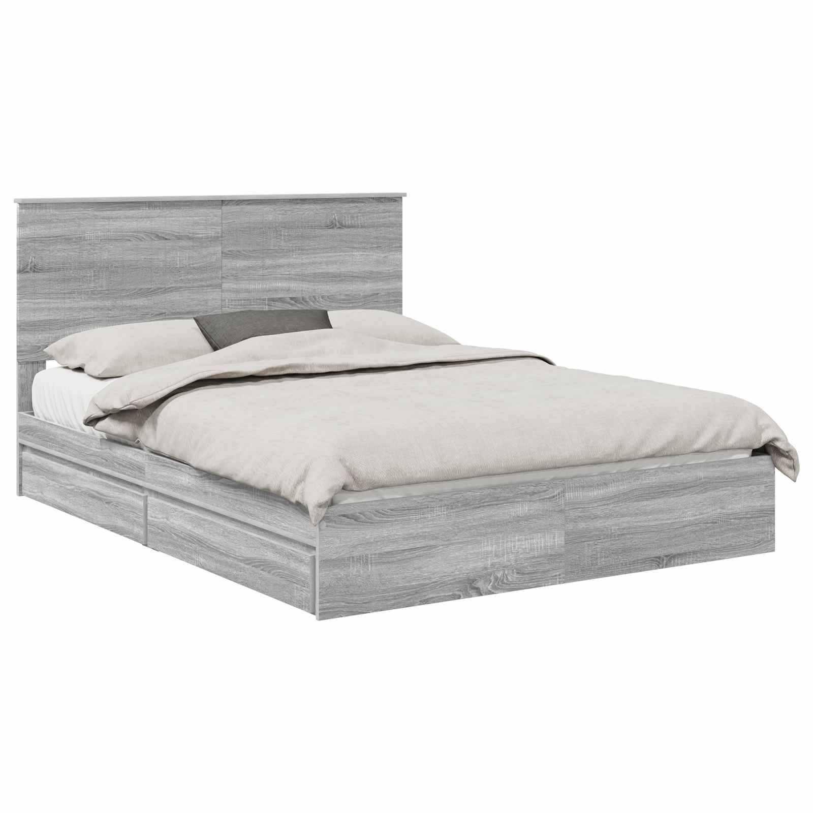 Ein modernes graues Holzbett mit einem hohen rechteckigen Kopfteil, ausgestattet mit einer beigen Bettdecke und Kissen, präsentiert in einem minimalistischen Stil.