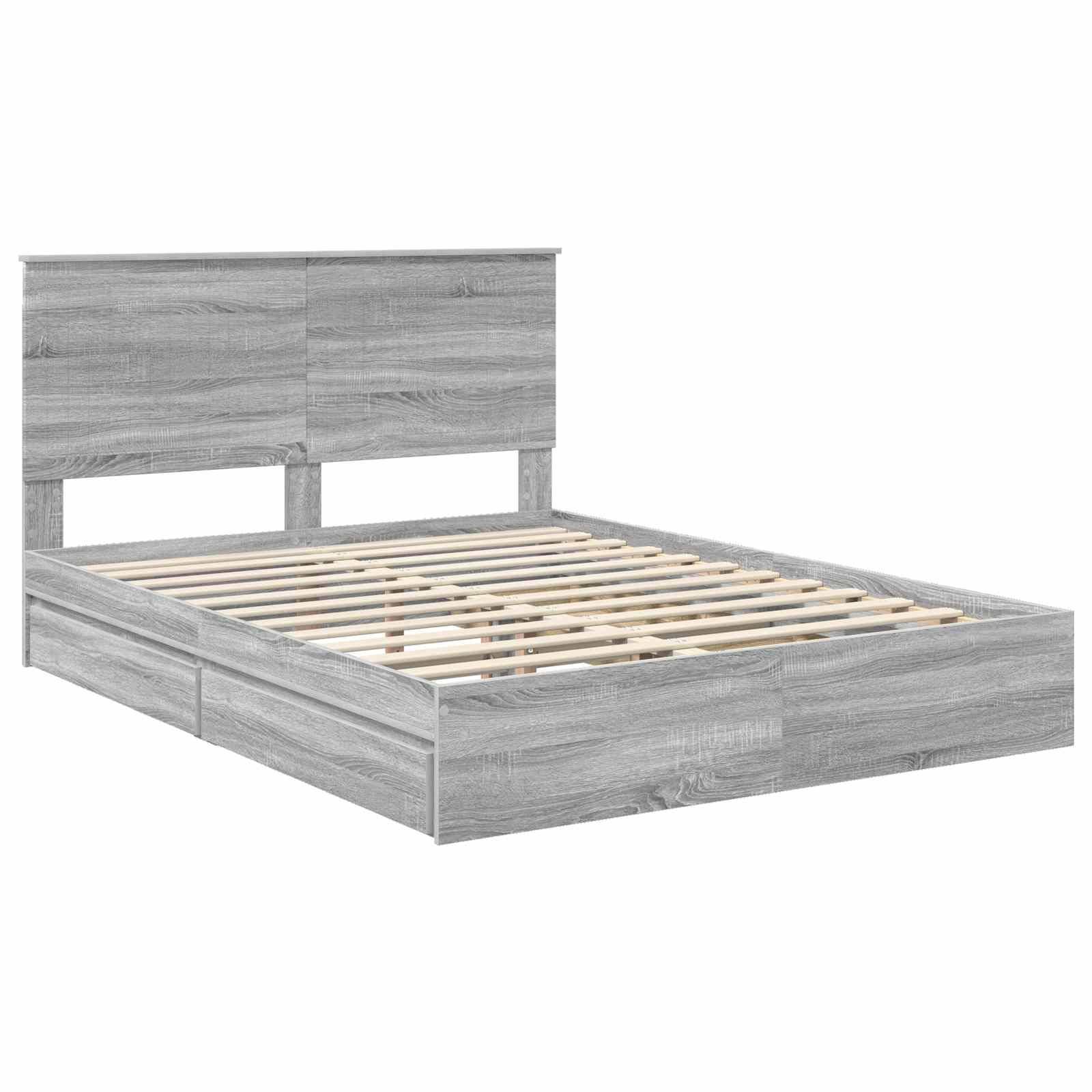 Ein Holzbettgestell in Hellgrau, mit modernem Design, ausgestattet mit einer Lattenrost zur Matratzenunterstützung und einem flachen Kopfteil für eine elegante Optik.