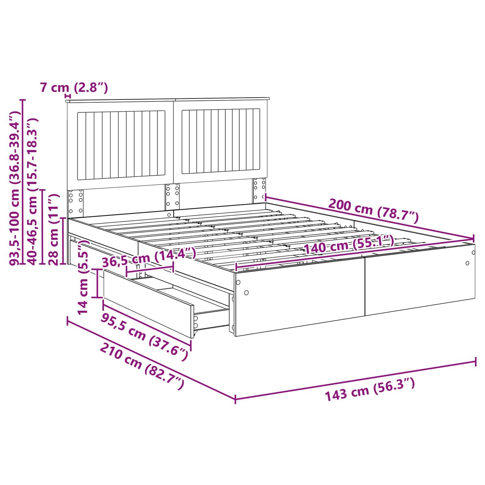 Diagramm eines Bettes mit Stauraum unter dem Bettgestell. Maße: 200 cm Länge, 143 cm Breite, 95,5 cm Höhe. Ausgestattet mit zwei vorderen Schubladen.