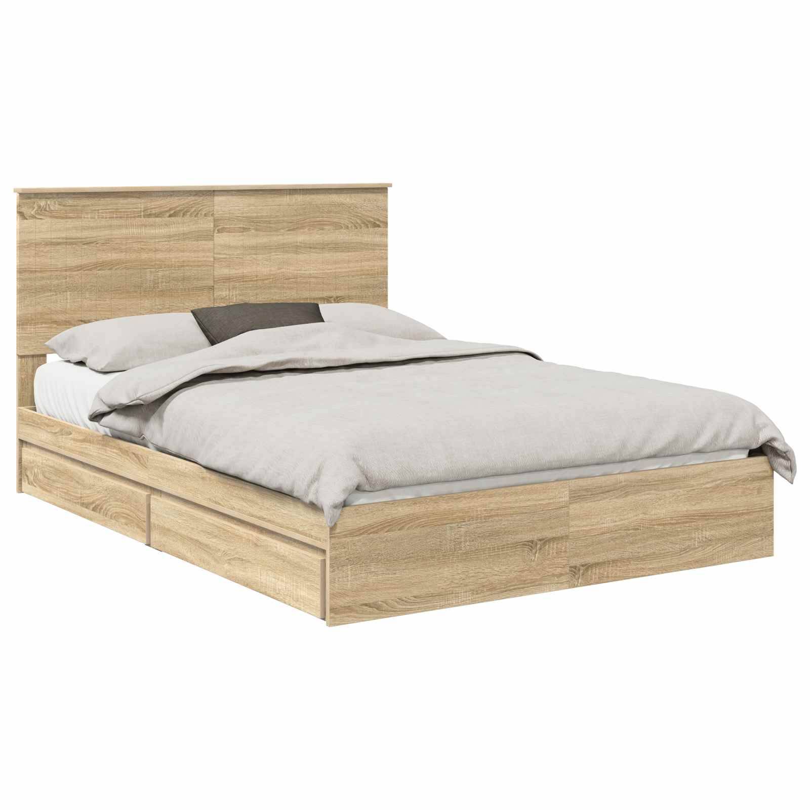 Ein Holzbettgestell mit hohem Kopfteil, auf dem ein ordentlich bezogenes Bett mit weißer und grauer Bettwäsche zu sehen ist, aus Seitenperspektive.