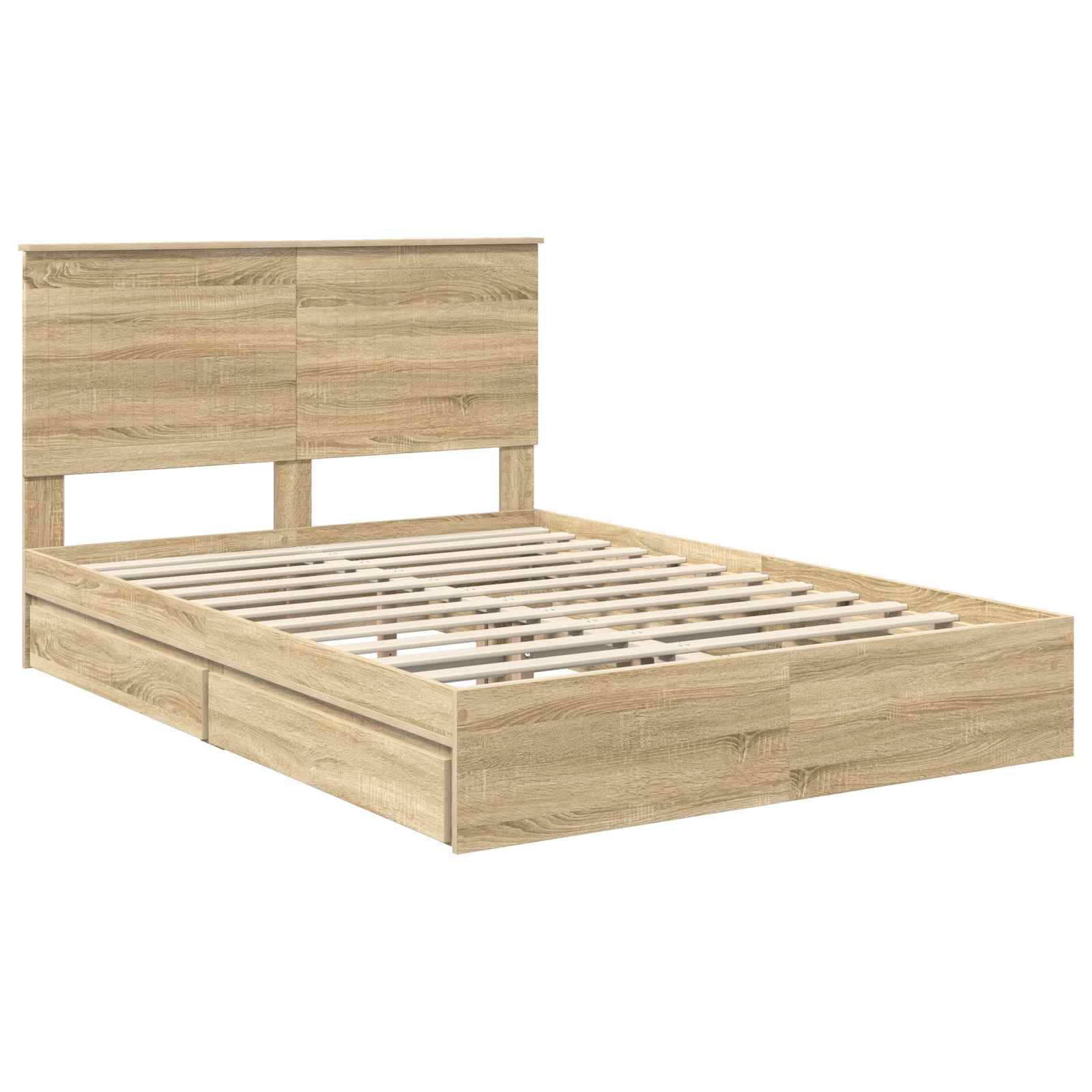 Ein Holz-Plattformbett mit Lattenrost und zwei Staurageschubladen darunter. Die Oberfläche ist in heller Eichenoptik. Minimalistisches Design.
