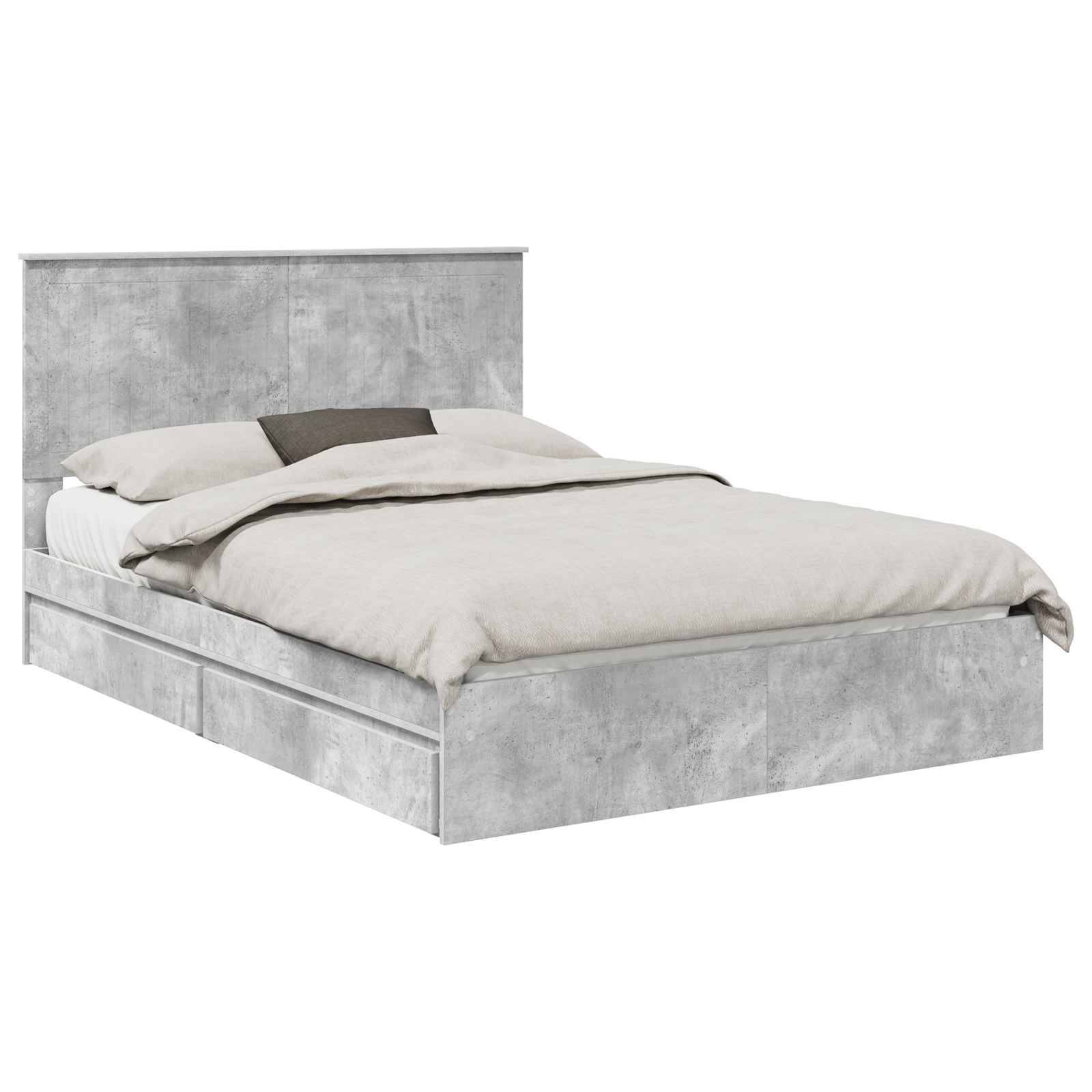 Ein modernes graues Bett mit Kopfteil und Schubladen unter der Matratze, ausgestattet mit beigefarbiger Bettwäsche und einer grauen Wurfdecke, das ein elegantes Design zur Schau stellt.
