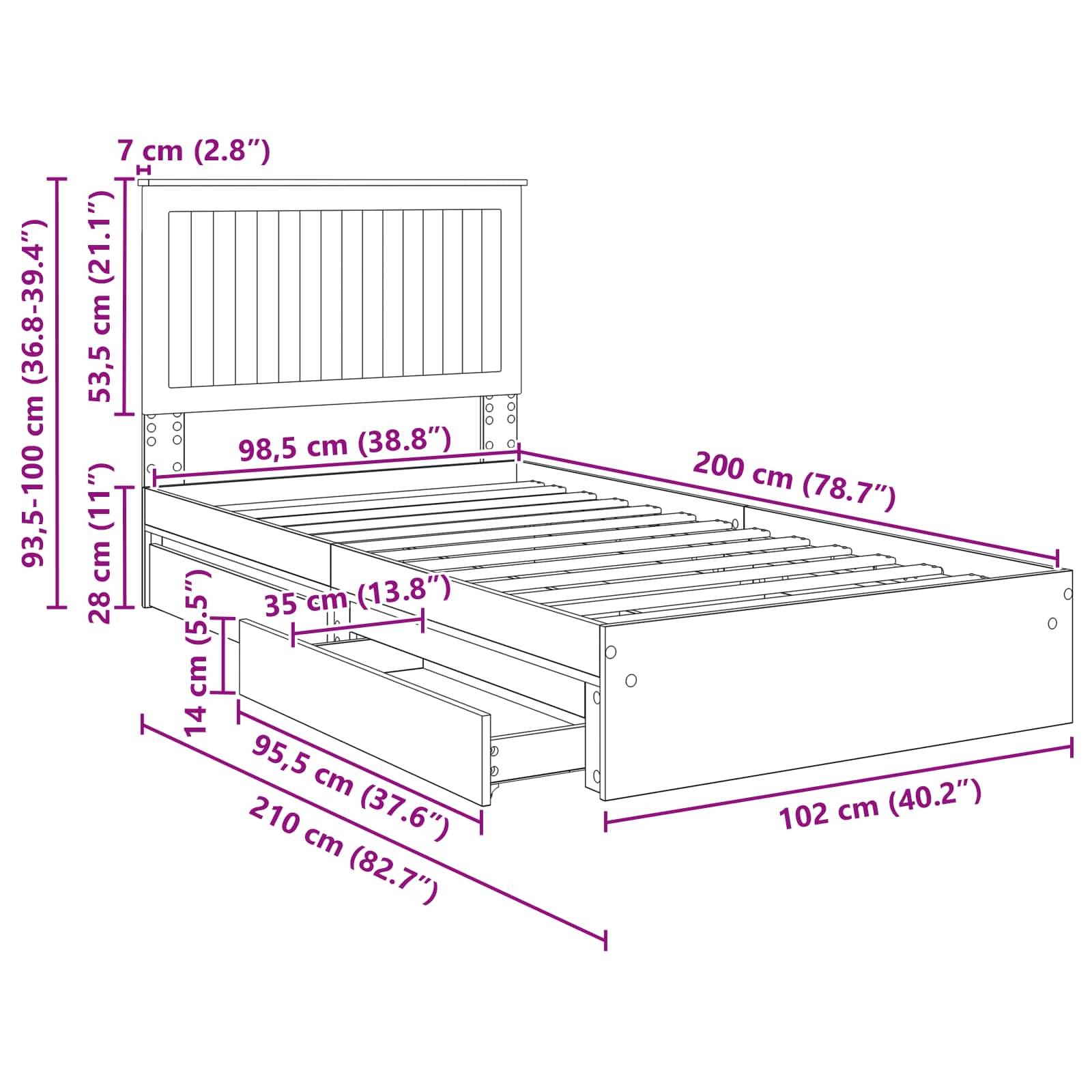 Technische Zeichnung eines Bettgestells mit Maßangaben: Höhe 93,5-100 cm, Breite 98,5 cm, Tiefe 200 cm. Merkmale umfassen Unterbett-Schubladenspeicher.