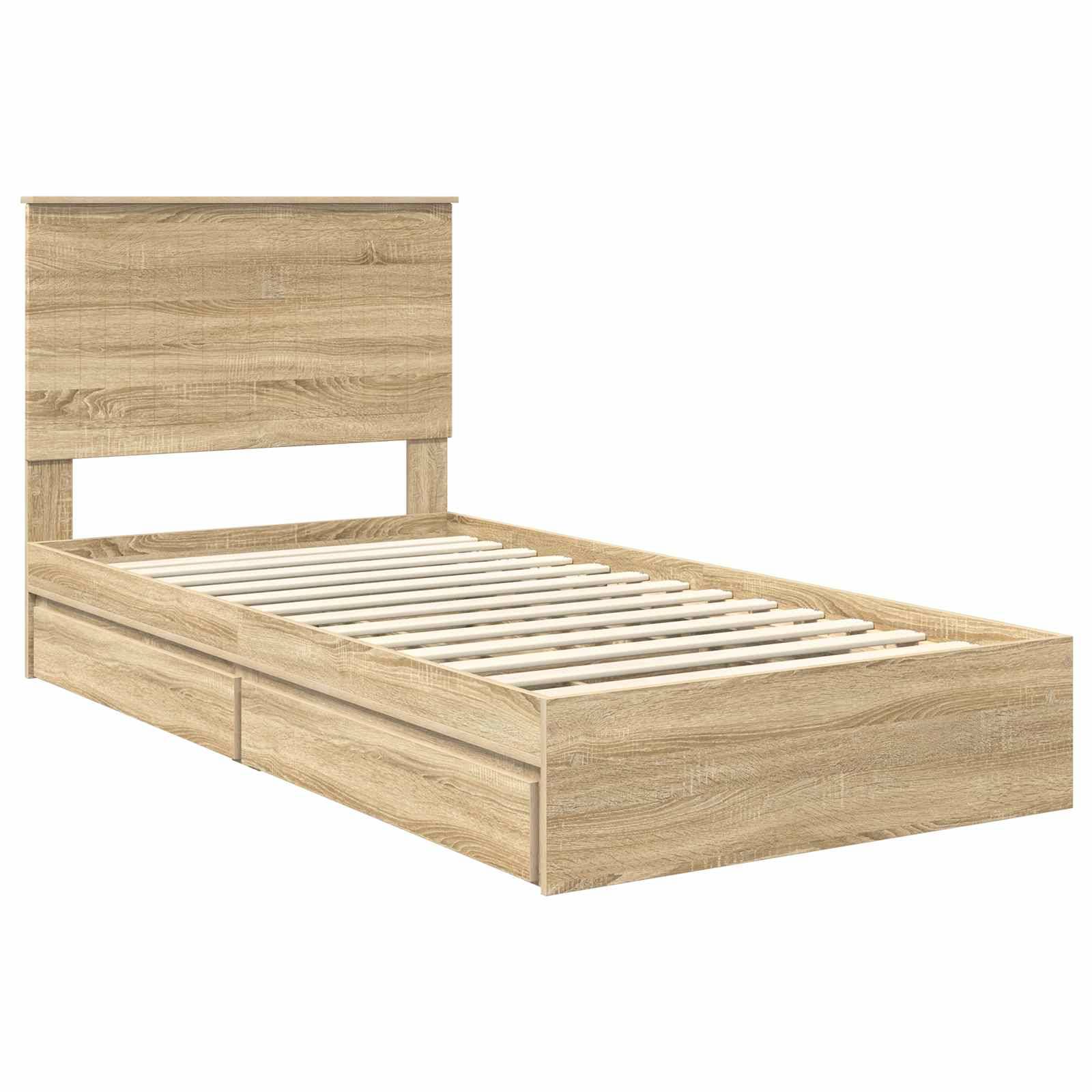 Ein heller Holz-Zwillingsbettrahmen mit einem Kopfteil und zwei Unterbett-Aufbewahrungsschubladen. Die Lattenrost-Basis ist sichtbar. Geeignet für ein Schlafzimmer.