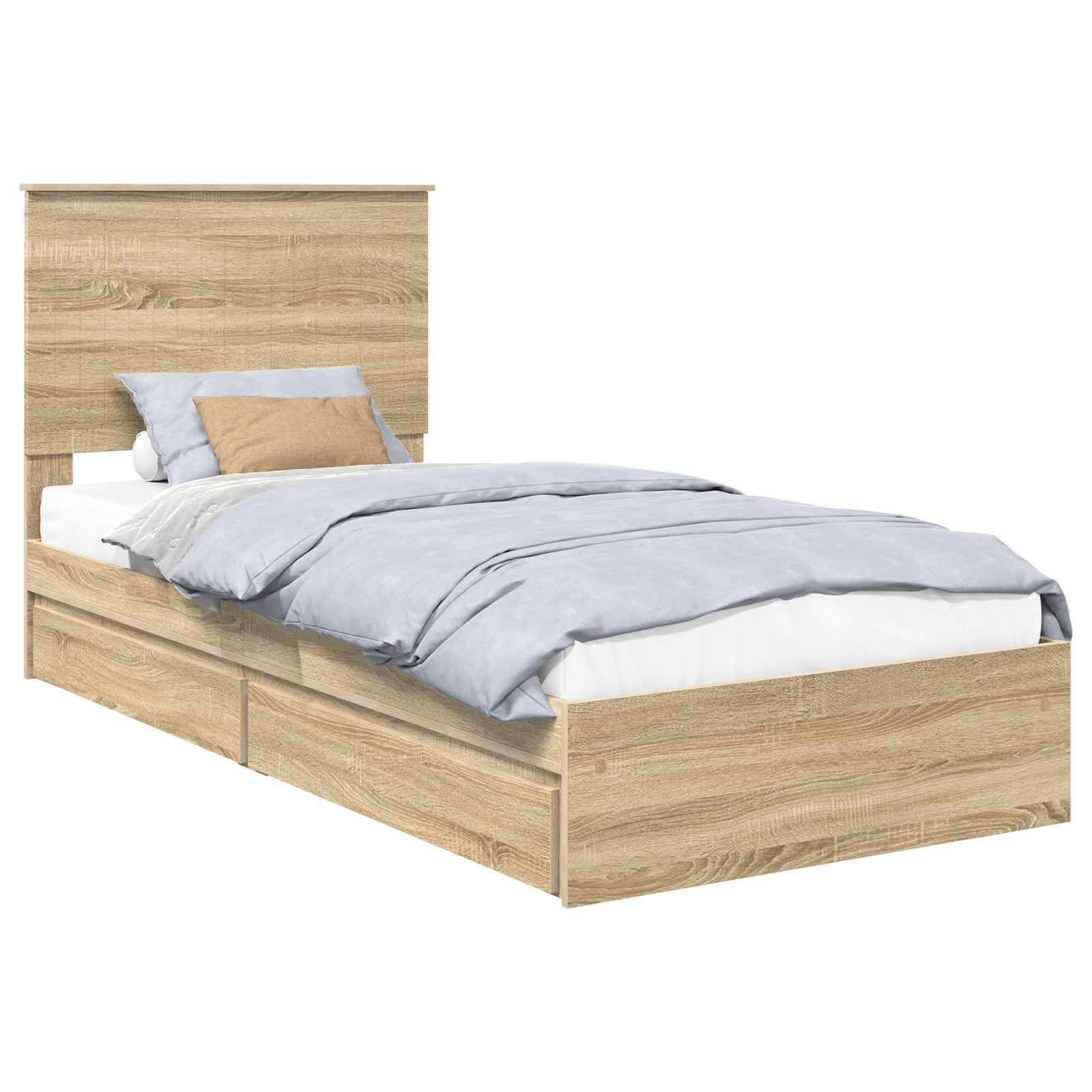 Ein Holzbett mit hohem Kopfteil, hellblauen Bettwäsche und einem beigen Kissen. Das Bett verfügt über eingebaute Schubladen unter dem Bettrahmen.