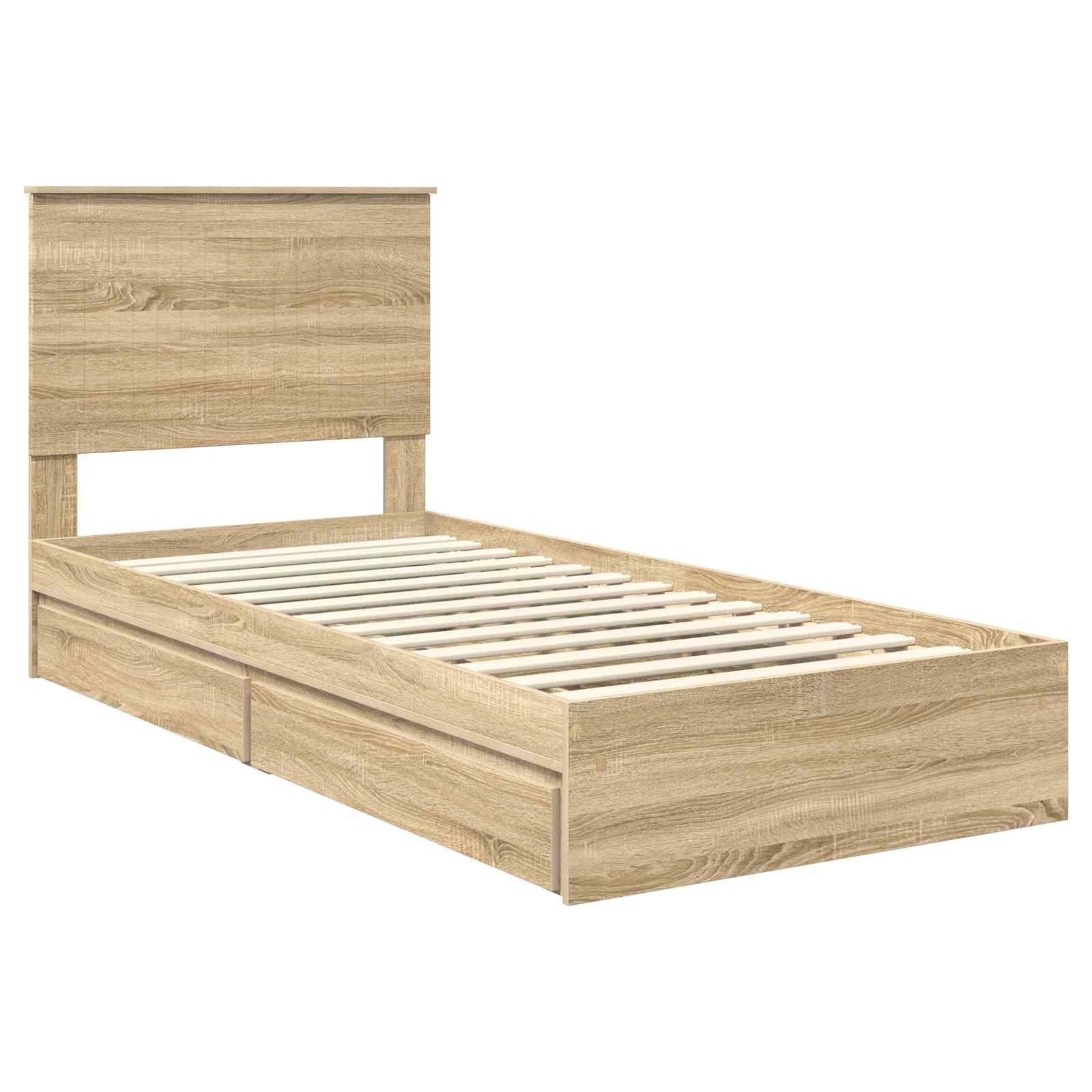 Ein Holz-Doppelbett mit hohem Kopfteil und Lattenrost, ausgestattet mit zwei Staurageschubladen darunter.