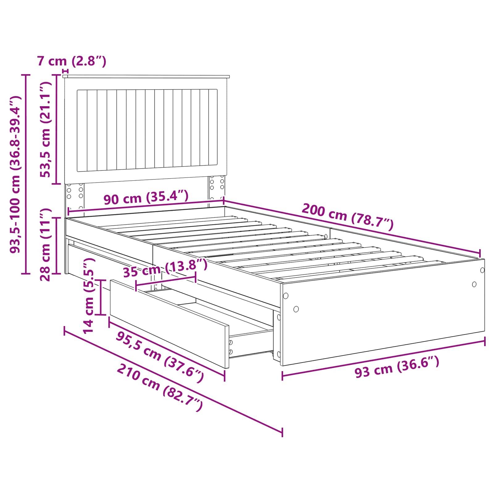 Skizze eines Bettgestells mit Stauraum, Abmessungen angegeben: Breite 90 cm, Länge 200 cm, Höhe 93,5-100 cm, Schubladentiefe 55 cm.