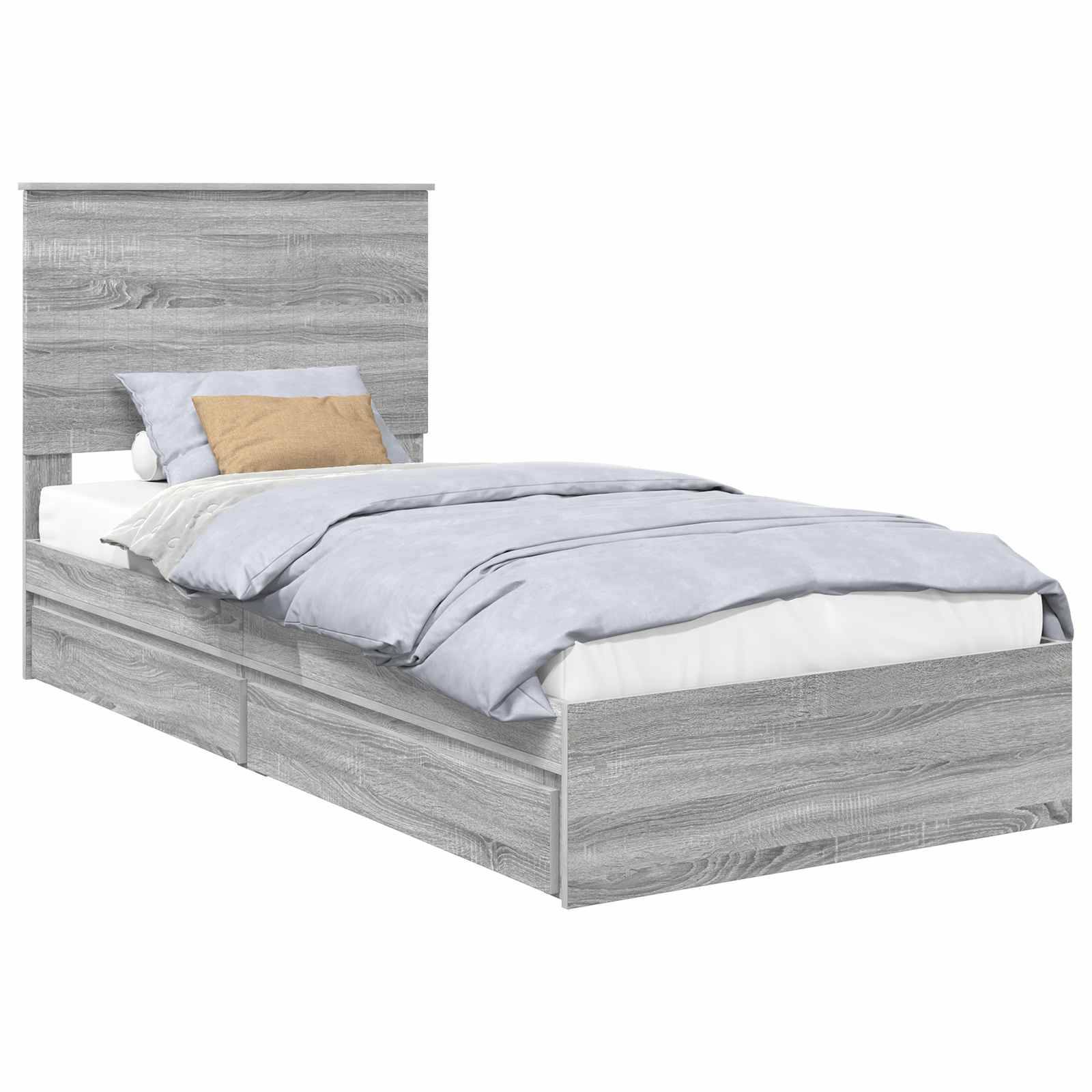 Ein graues Holzbett in Einzelgröße mit hohem Kopfteil und hellblauer Bettwäsche, ausgestattet mit zwei Kissen und zwei Bettkasten-Schubladen unter dem Bett.